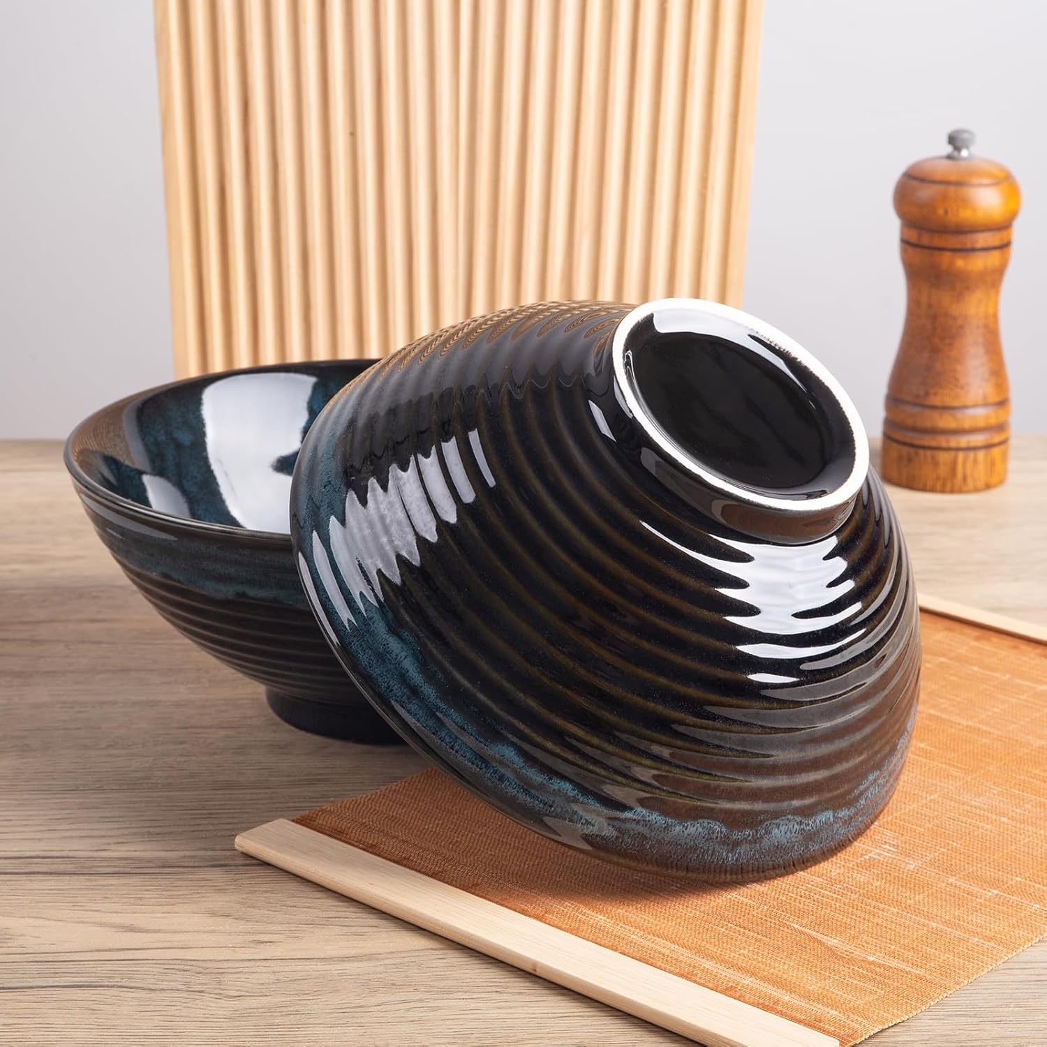 40oz Japanese Ceramic Ramen Bowl Set of 2 with Chopsticks and Spoons for Pho Udon Asian Soup Noodles (Nebula Blue)