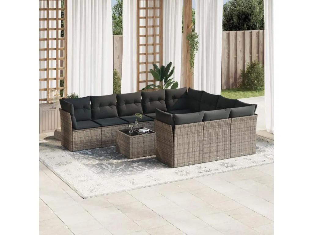 Set de sofás de jardín 11 pzas y cojines ratán sintético gris rmav27160