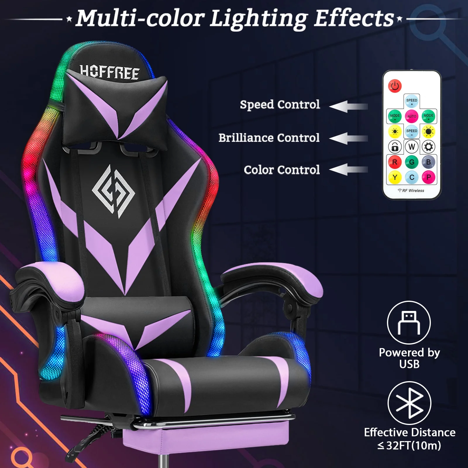 Hoffree Gaming Chair with Speakers PU Leather Office Chair with Footrest and LED Lights Ergonomic Gamer Chair with Massage Lumbar Support and Headrest Adjustable Swivel for Home Office 300lb - Image 46