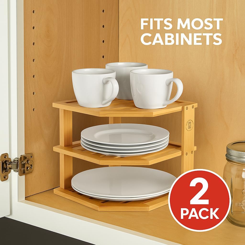 2-Pack Plate Organizer for Cabinet - 3 Tier Bamboo Corner Cabinet Organizer Shelf for Plates Bowls Mugs Cups, Kitchen Cabinet Organizer, Cabinet Shelf Organizer, Countertop Rack, 10 x 10 x 9.5 Inch