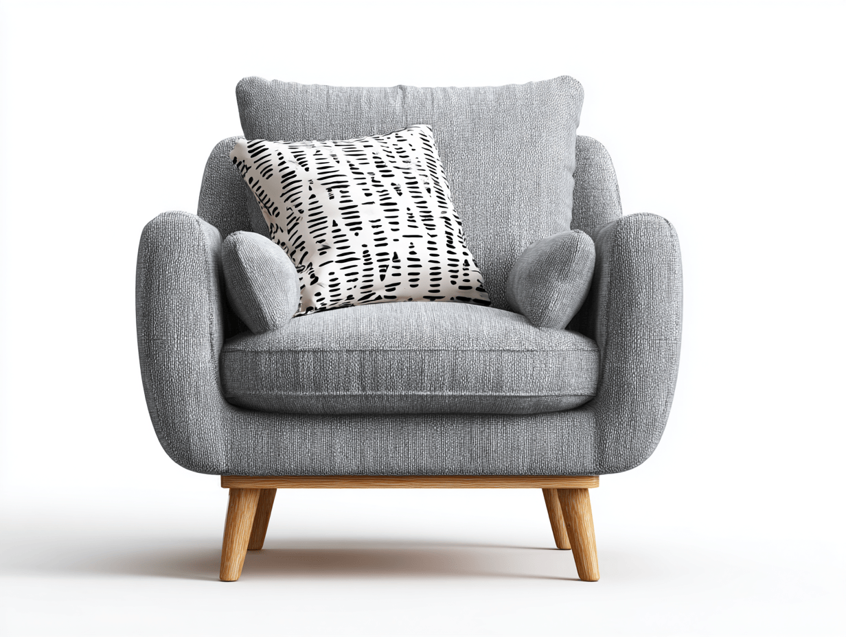 Sillón individual tapizado en tela – gris – con cojines y almohadas decorativas
