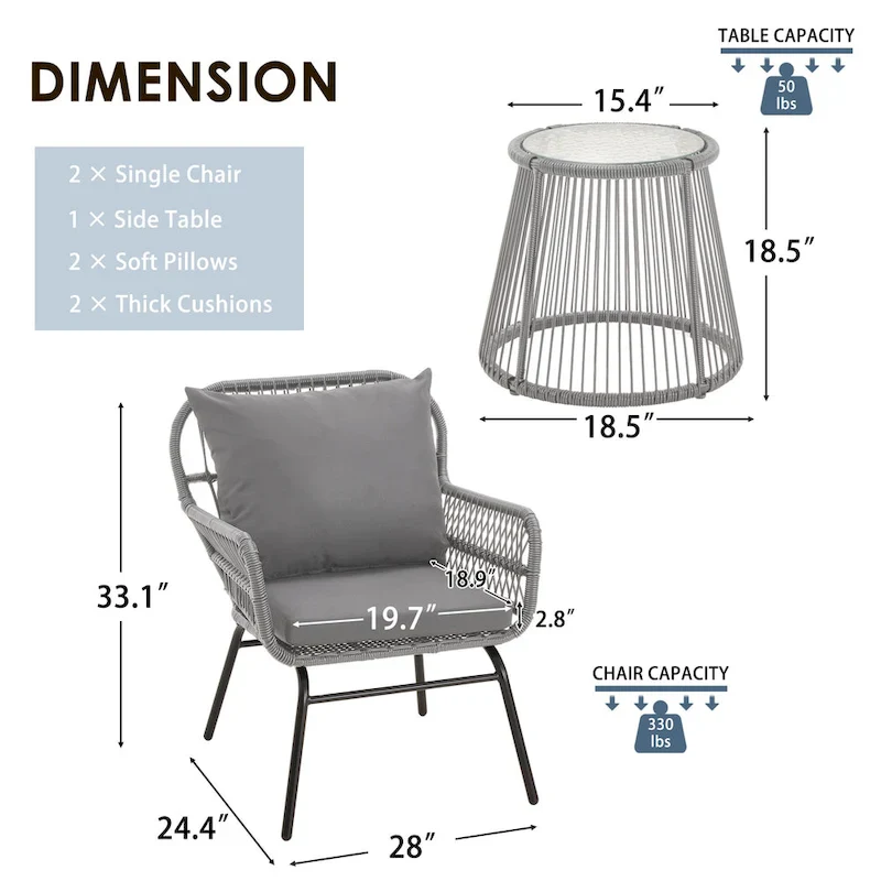 3-Piece Patio Conversation Bistro Set, Outdoor Rattan Furniture Set with Glass Table & 2 Wide Armchairs, Seat Cushions
