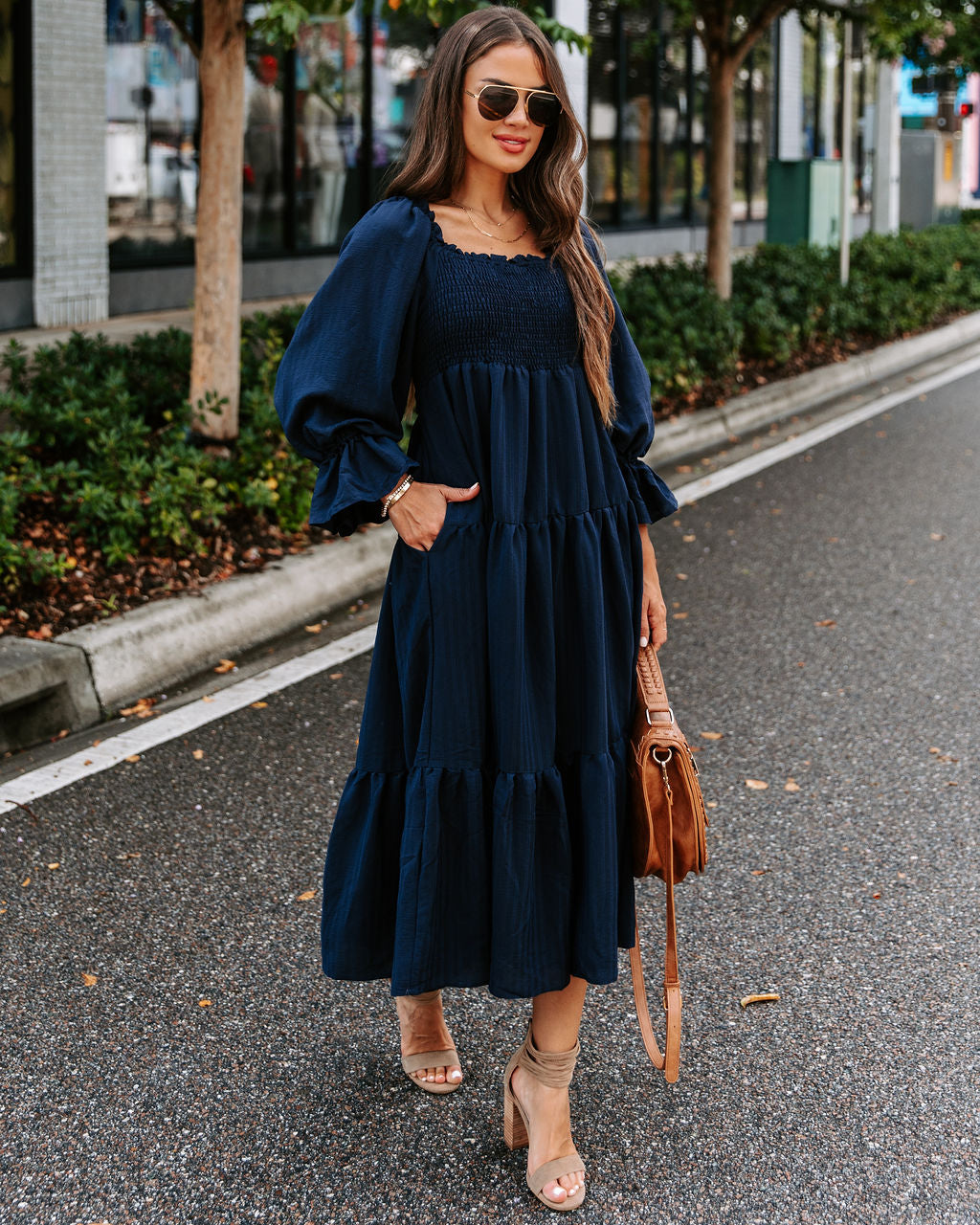 River Pocketed Puff Sleeve Midi Dress - Navy - Se7enfashion