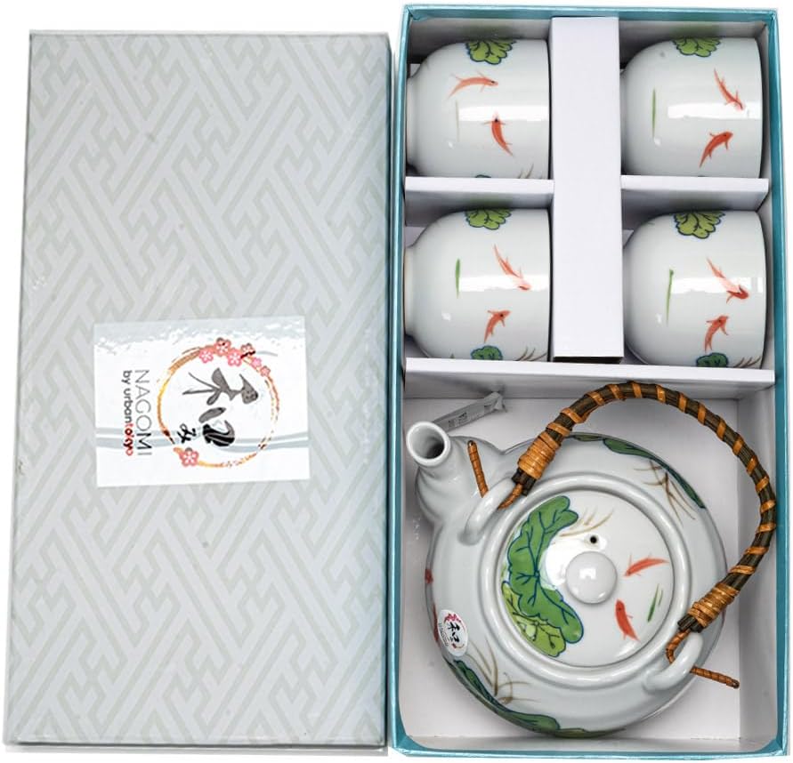 Japanese Style Porcelain Tea Set, 22 fl oz Teapot with 4 Cups, Koi Fish and Lotus Leaf Design, White, Top Pour Bamboo Handle