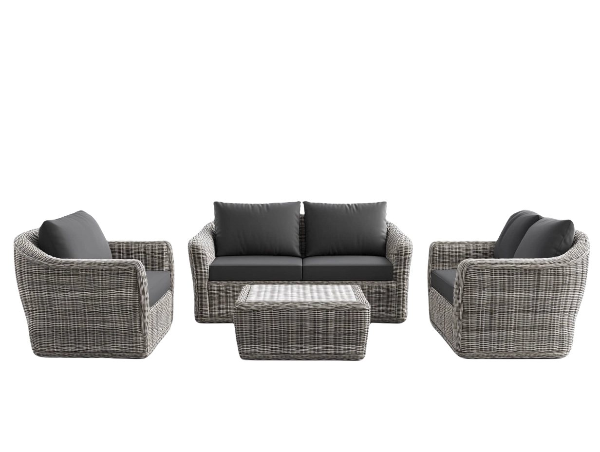 Sofá de jardín 4 piezas gris y negro de resina sintética elegante para exteriores gl1001033