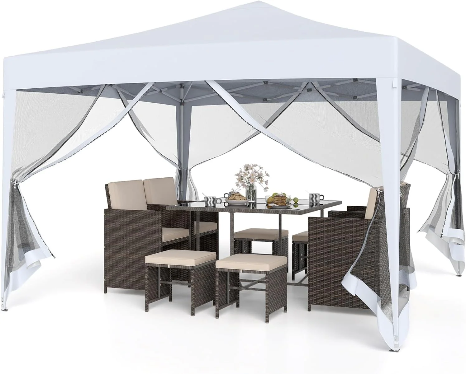 Goplus 10 FT x 10 FT Pop-Up Canopy Tent, Easy Setup Instant Folding Shelter w/Mesh Netting, Carry Bag, 8 Stakes & 4 Ropes, Height Adjustable Sunshade, Commercial Tent for Camping (Coffee)