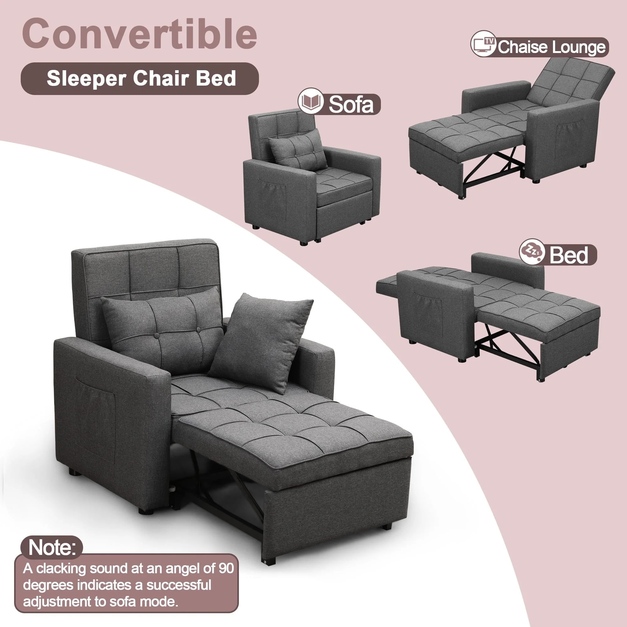 Tolead 3-in-1 Convertible Sofa Bed Sleeper Chair with Adjustable Backrest, Gray - Image 3