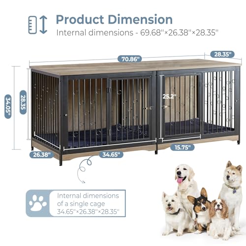 71'' Dog Crate Furniture for 2 Large Medium Dogs, XXL Wooden Indoor Double Crate Kennel Cage Large Breed with Door, TV Stand End Table with Divider, No Cushion,Brown