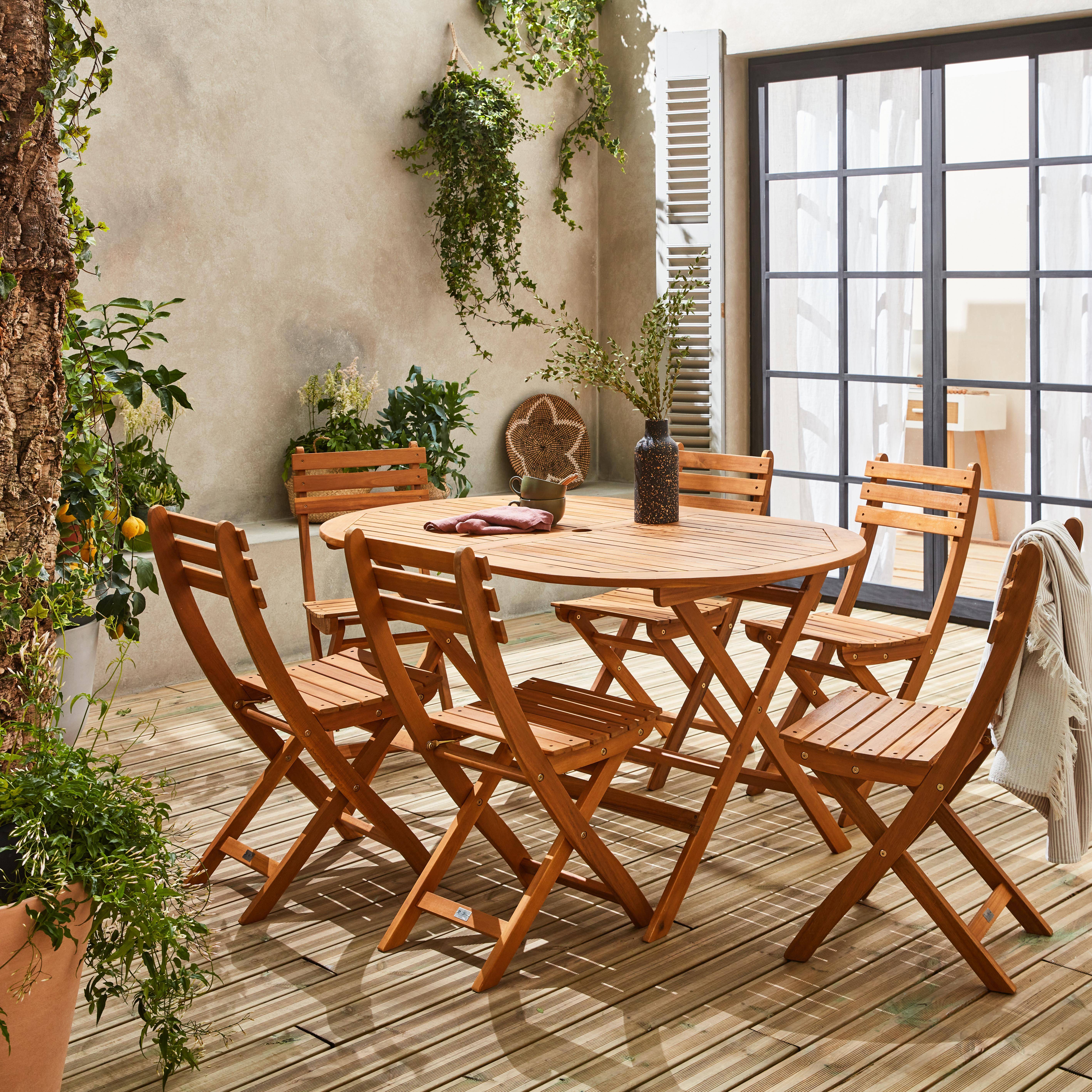 Macapa - Conjunto mesa de jardín plegable de madera ovalada con 6 sillas