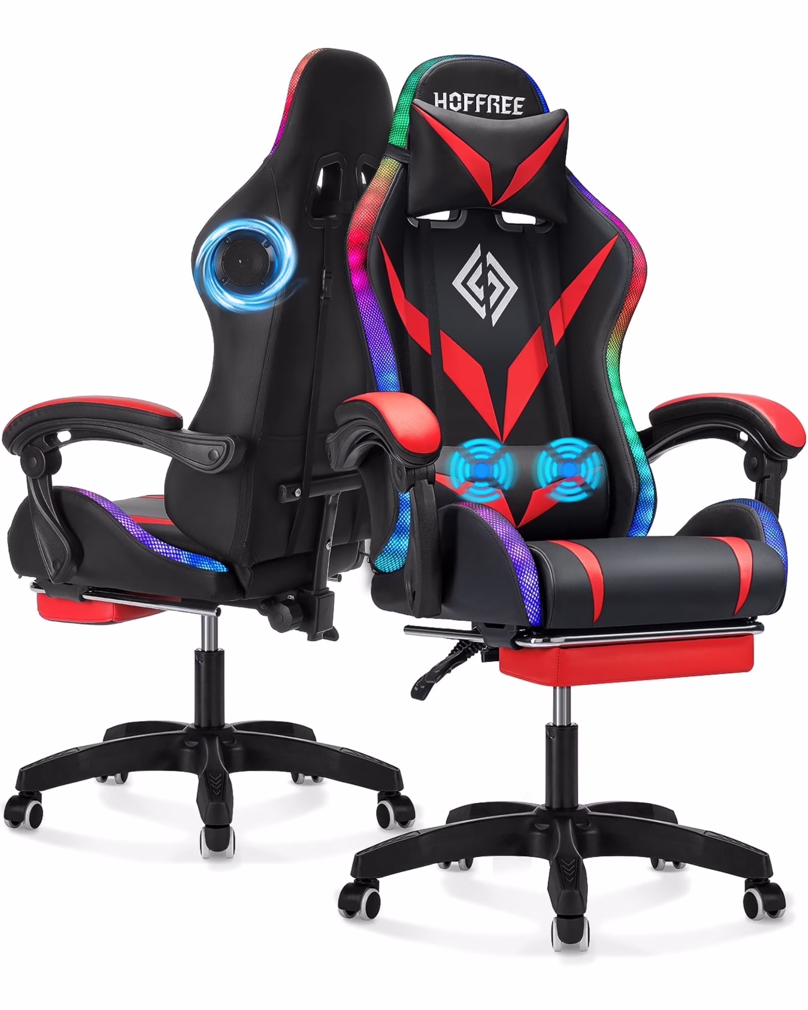 Hoffree Gaming Chair with Speakers PU Leather Office Chair with Footrest and LED Lights Ergonomic Gamer Chair with Massage Lumbar Support and Headrest Adjustable Swivel for Home Office 300lb - Image 13