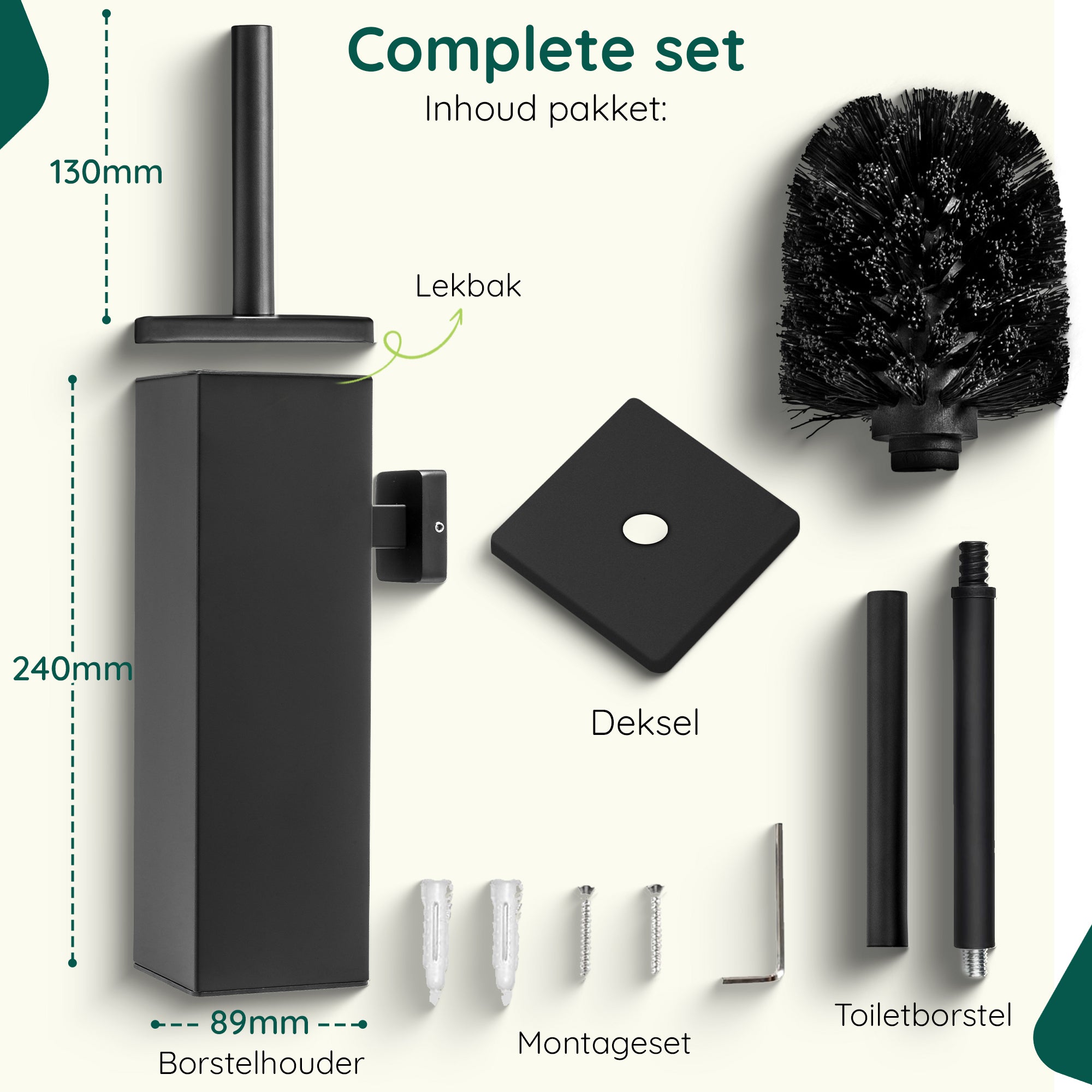 XIVADA Toiletborsterhouder Cira - Vierkant - Boren - Rvs - Zwart