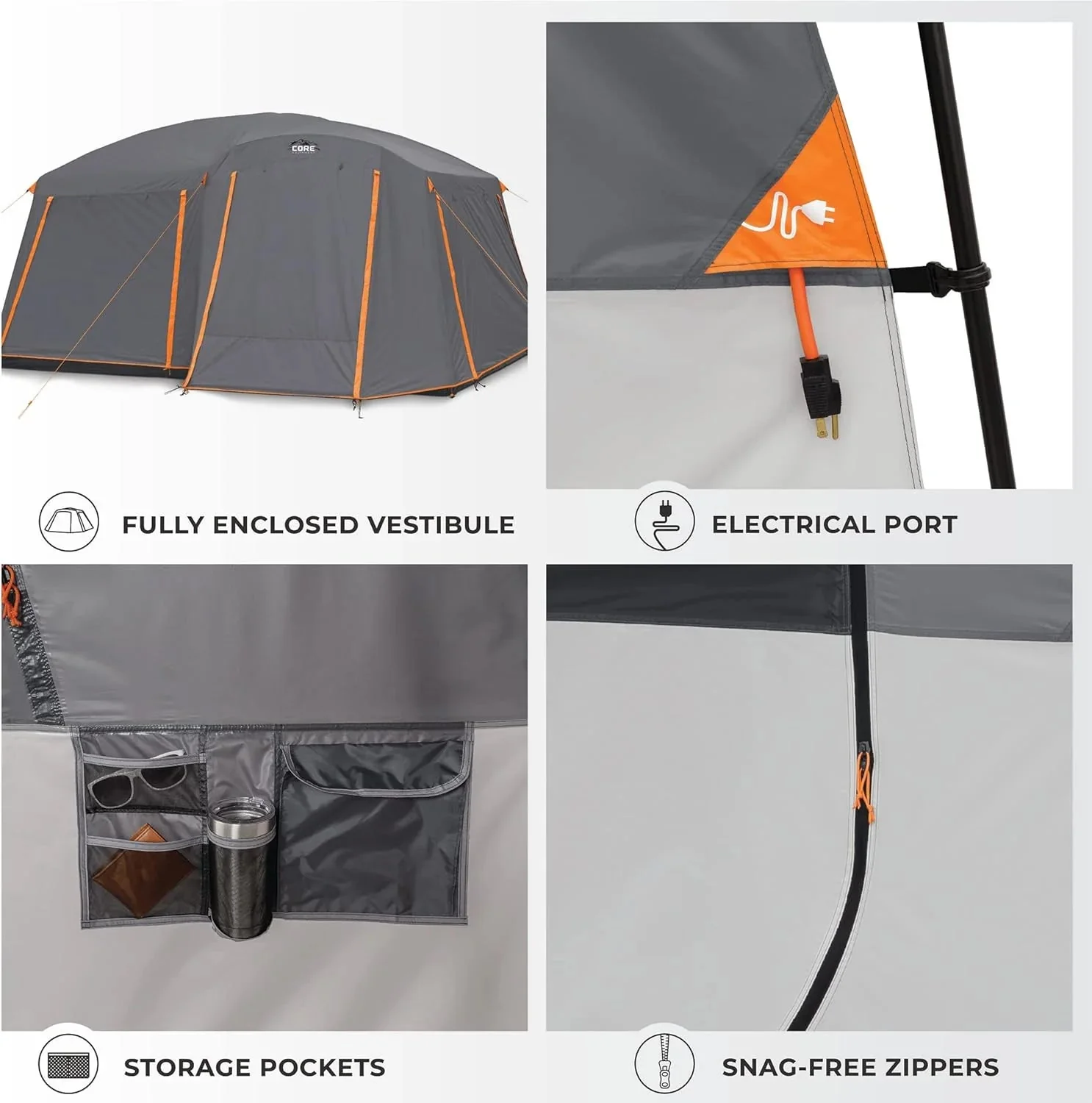 CORE Straight Wall Cabin Tents | 10 Person / 11 Person / 12 Person Large Multi Room Family Tents for Car Camping & Outdoor Adventures