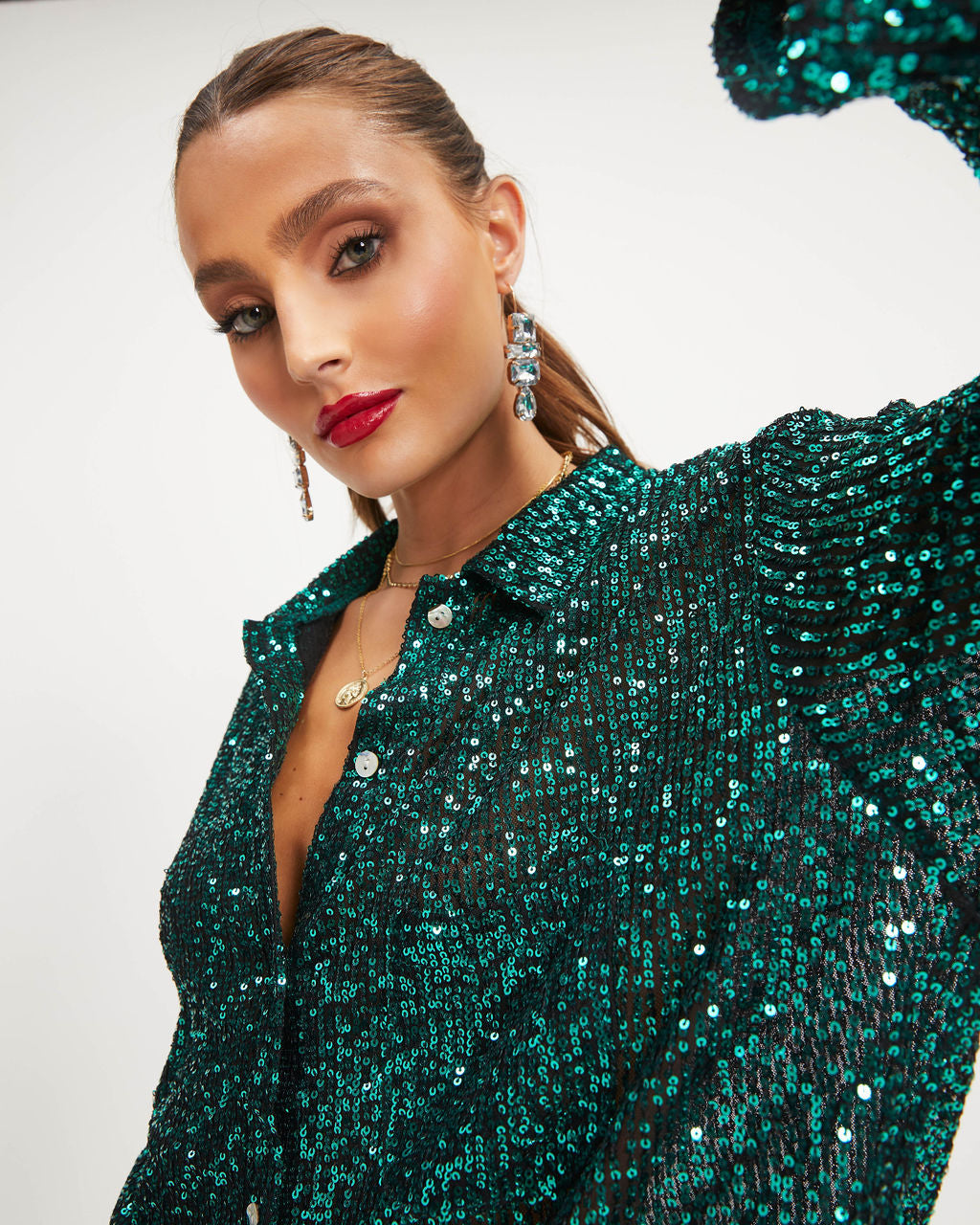 Be A Star Sequins Button Down Top - Emerald - Se7enfashion