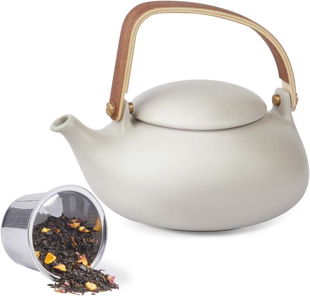 ZENS Modern Japanese Tea Set, 27 oz Ceramic Japanese Teapot with Fine Stainers and 4 Cups for Loose Leaf Tea Steeper, Wood Handle Matte Japanese Teapots Hot Tea Brewer for Tea Party Women Gifts