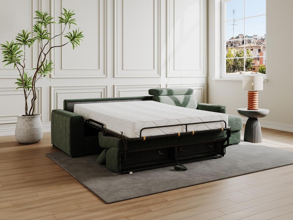 Sofá cama esquinero reversible tipo italiano de pana verde - 160 cm de descanso - Colchón de 18 cm - VIZIR