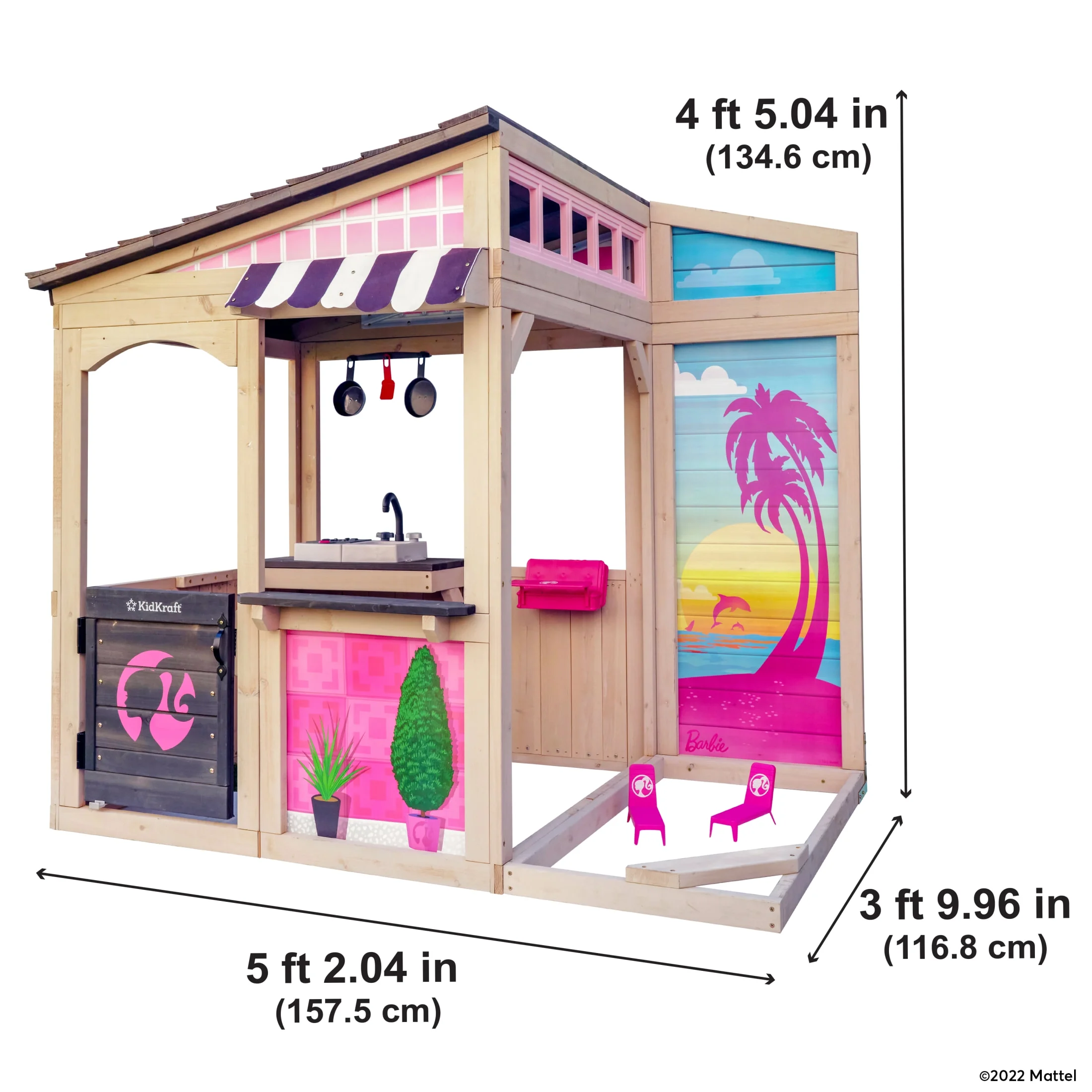 KidKraft Barbie™ Seaside Wooden Outdoor Playhouse with Attachable Doll Table and Chairs - Image 8