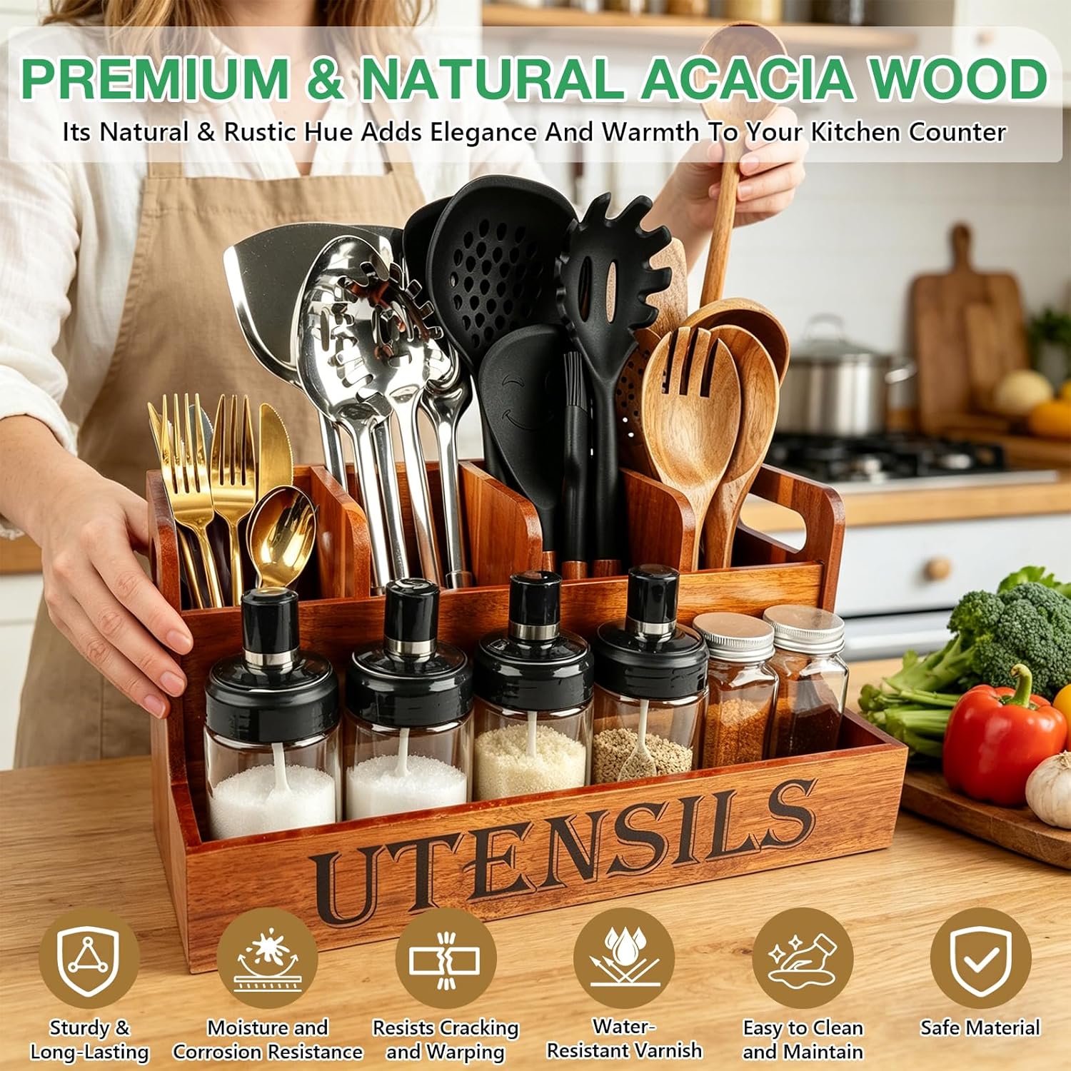 TREWAVE Wooden Utensil Holder for Kitchen Countertop, Large Acacia Wood Kitchen Utensil Organizer with 4 Compartments, Farmhouse Silverware Caddy for Spatula, Ladle & Cooking Tools