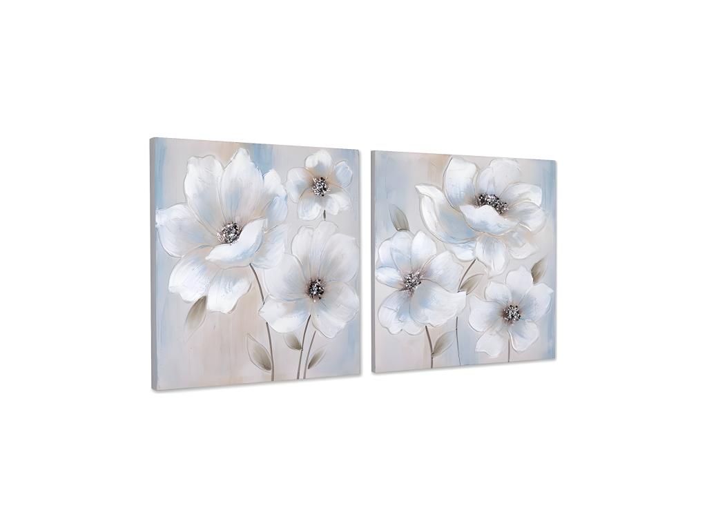 Juego de 2 oleos 60*60 flores hojas plateadas rocco