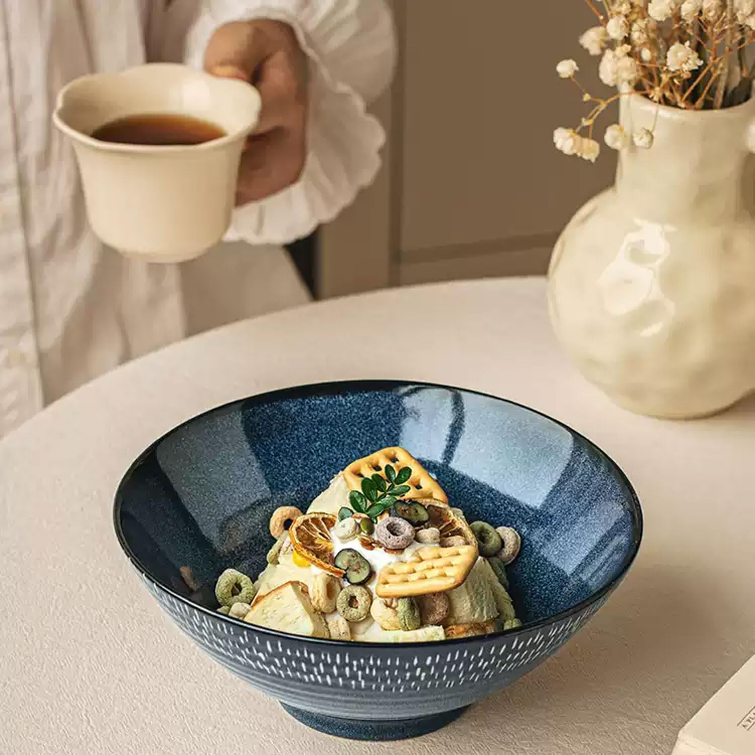 Ceramic Ramen Bowl Set - Set of 8, 2 x Ramen Bowls with Chopsticks, Ceramic Bowl & Frame Spoon for Asian Noodles and Udon (2-Piece Bowl Set) (2-Piece Set Blue Starry Sky)