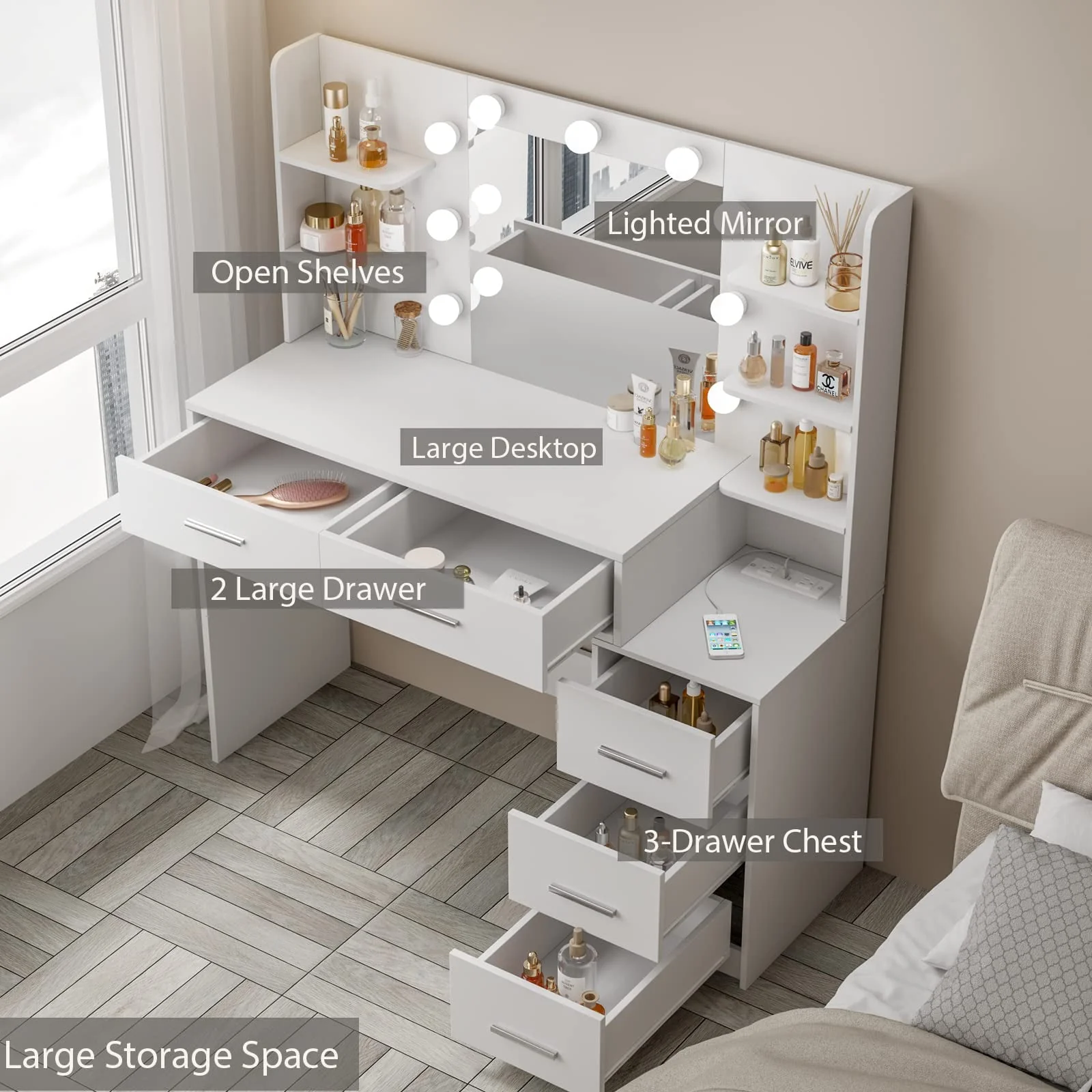 Makeup Vanity with Mirror and Lights,3 Lighting Colors,Bedroom Vanity Table with Charging Station,White Make Up Desk with 5 Drawers Storage and Open Shelves - Image 4