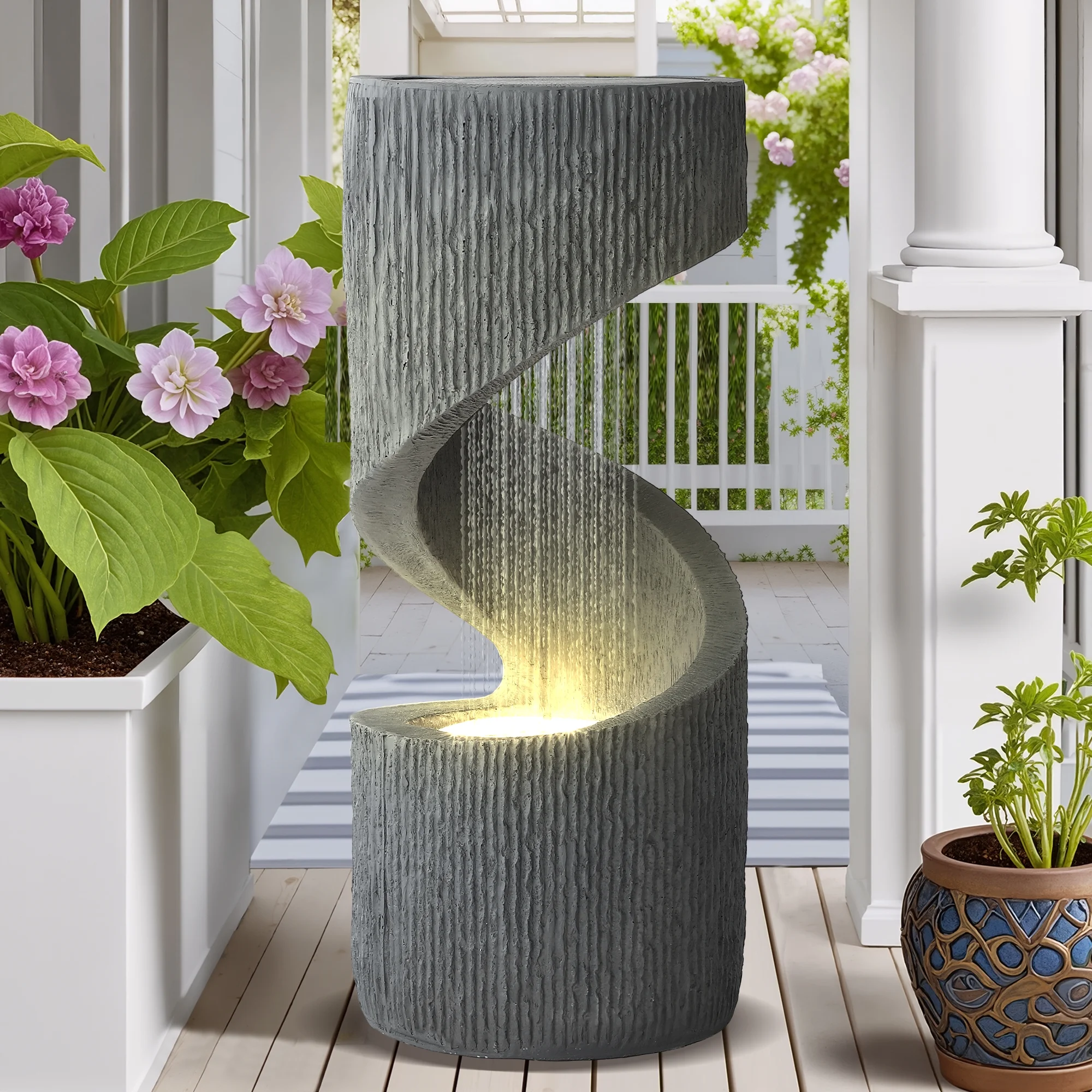 Magic Union Outdoor S-Shaped Water Fountain, Spiral Waterfall Indoor Fountain Outside Garden Decor with LED Lights & Pump, Curved Patio Resin Fountains for Yard, Deck, Porch and Home Decorations - Image 2