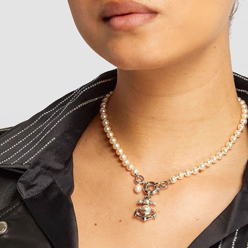 Vivienne Westwood Anchor Saturn Pendant Pearl Necklace - Original Replica Club