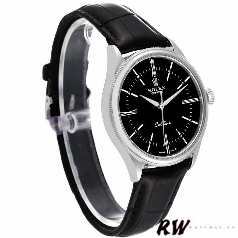 Rolex Cellini Time 50509 Black Leather Strap Black Dial 39mm Mens Replica Watch
