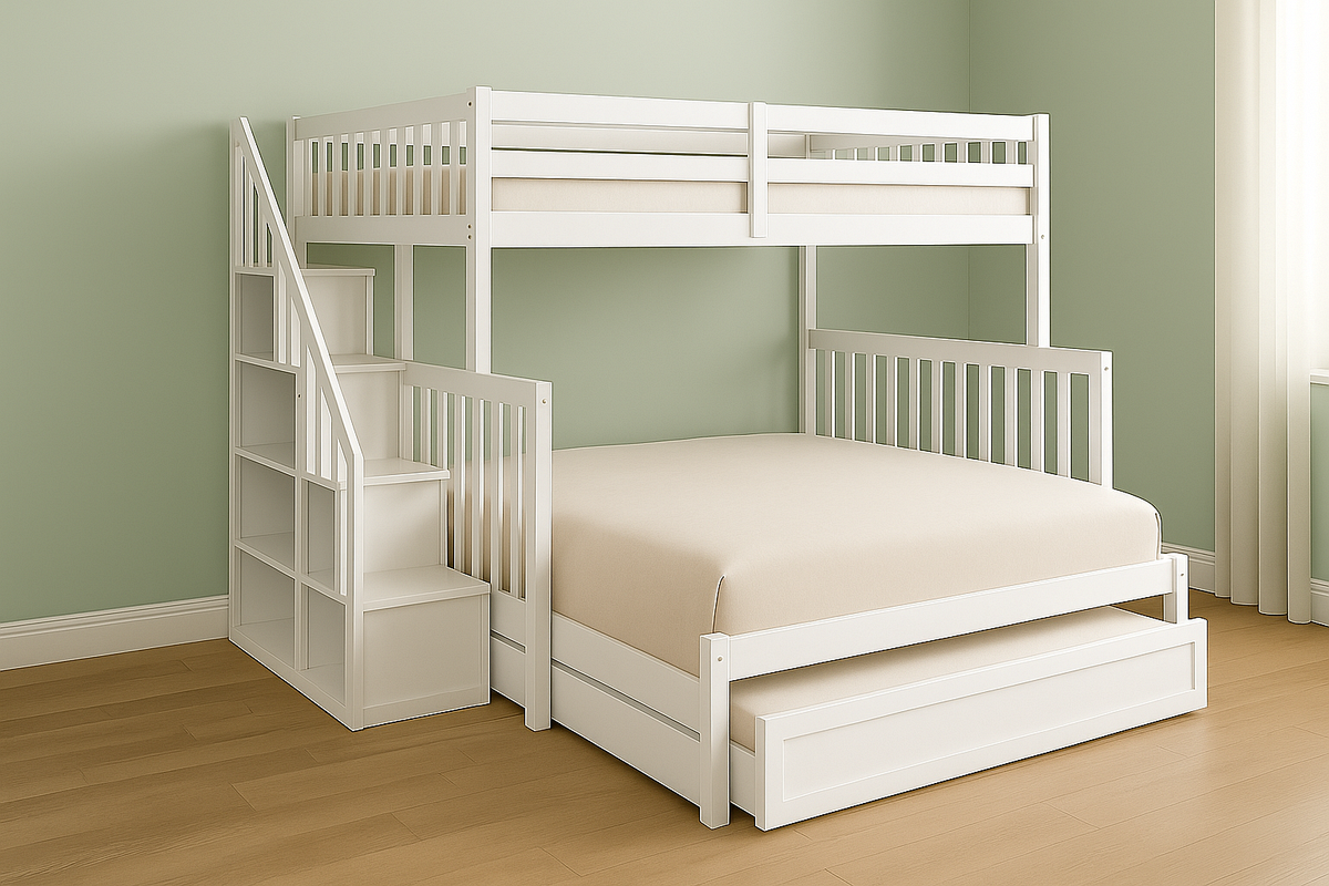 Litera Blanca Multifuncional de Madera con Escalera de Almacenamiento para Dormitorio Infantil 250x150x180cm