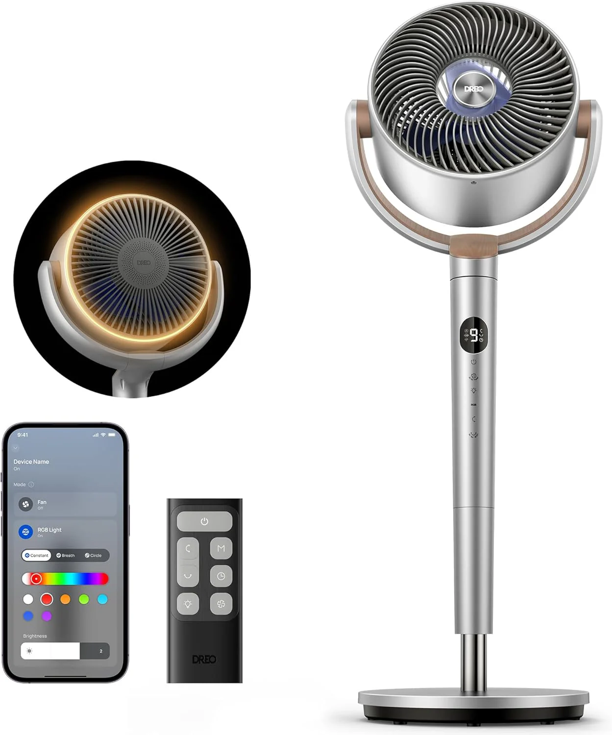 DREO Smart Fan for Bedroom, 120° +120° Omni-Directional Oscillating Fans, 100ft Quiet Pedestal Fan with RGB Light, 9 Speeds, 6 Modes, 20dB, 8H Timer, Wi-Fi/Voice/Alexa, 37-42