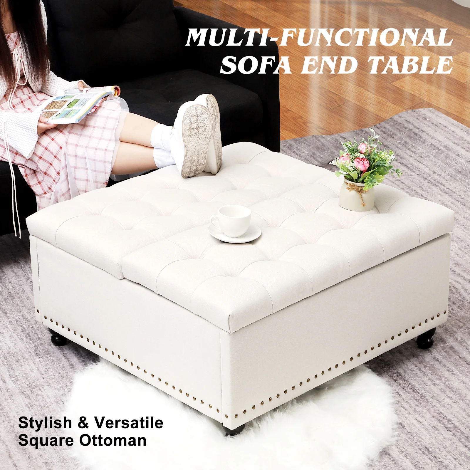 Magic Union 35" Large Square Storage Ottoman, Oversized Square Ottoman with Storage, Tufted Upholstered Ottoman Coffee Table with Lift Top for Living Room (Beige) - Image 2