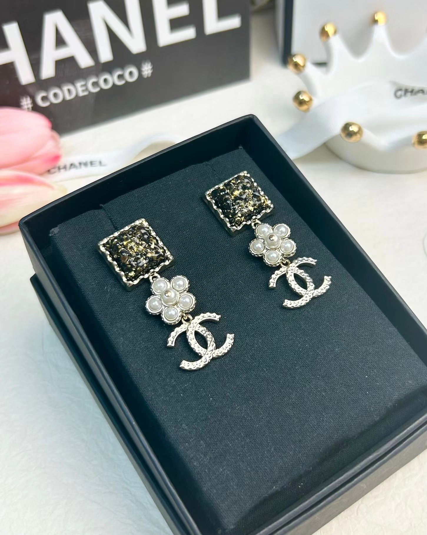 Chanel Pearl Flower Double C Dangle Earrings - Original Replica Club