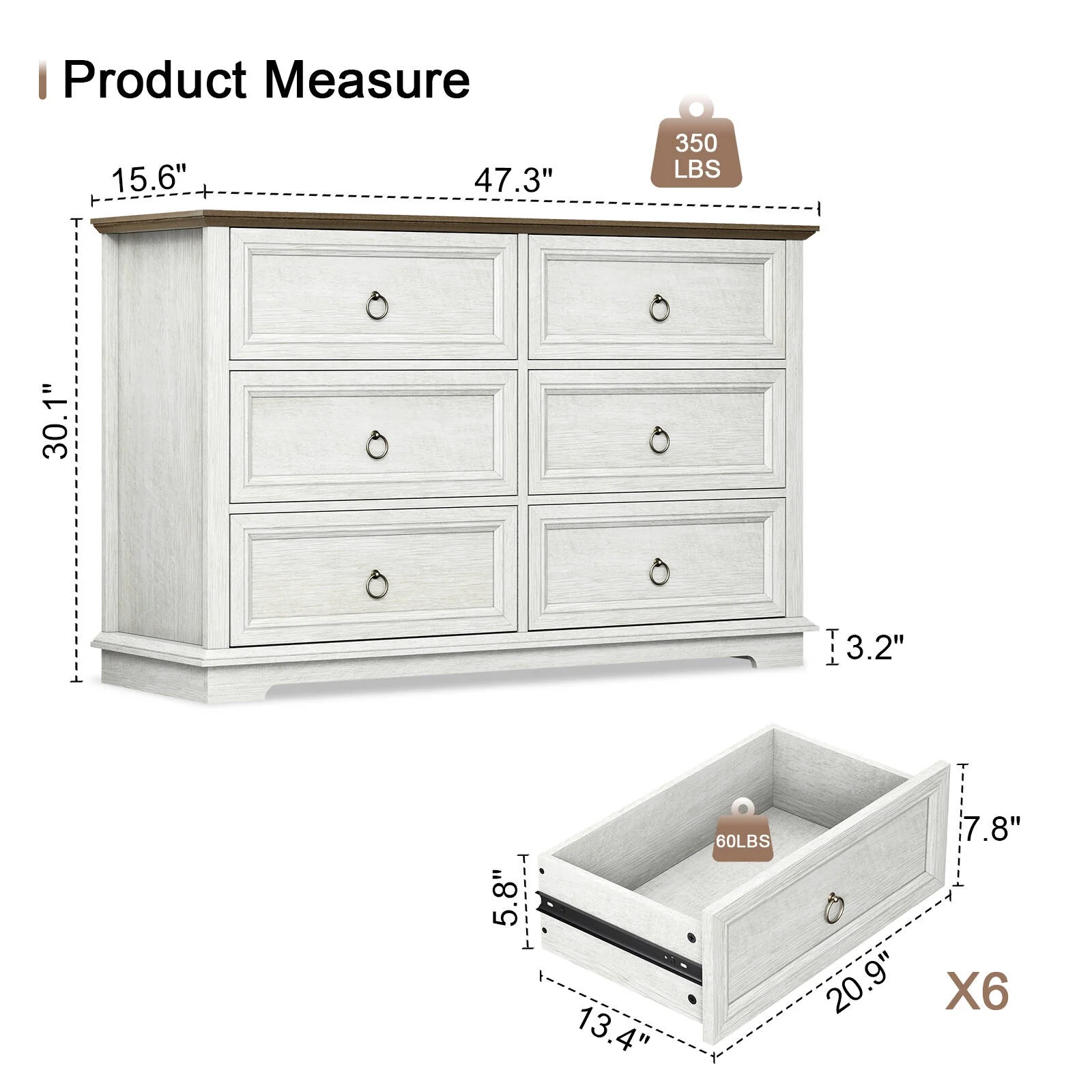 FAGAGA 6 Drawers Dresser for Living Room,Storage Cabinet Wooden Dressers Organizer for Bedroom,White - Image 6