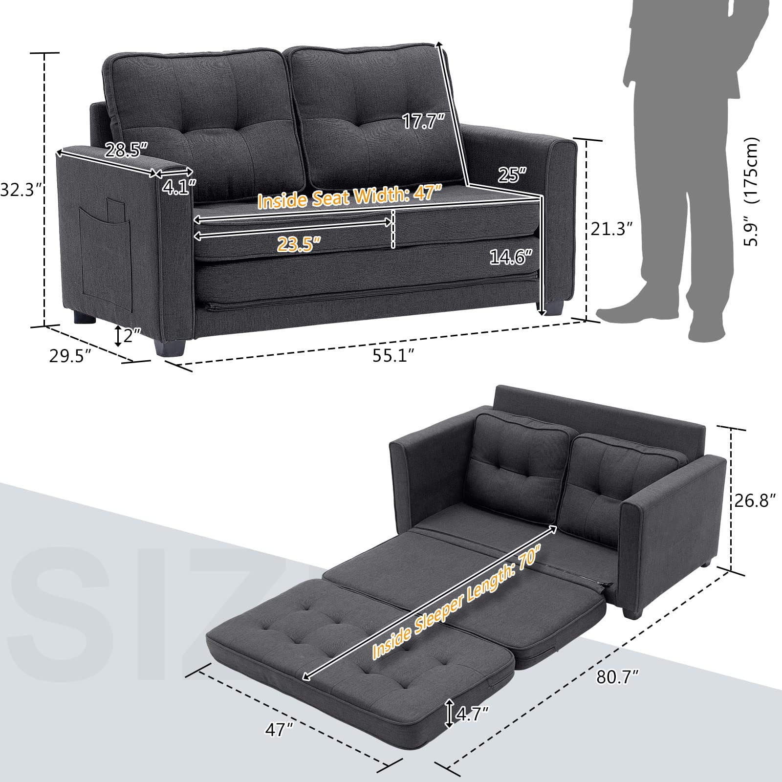 80in Loveseat Sleeper Convertible Loveseat Sofa Bed Black/Navy Blue/Dark Grey/Light Grey/Teal Blue