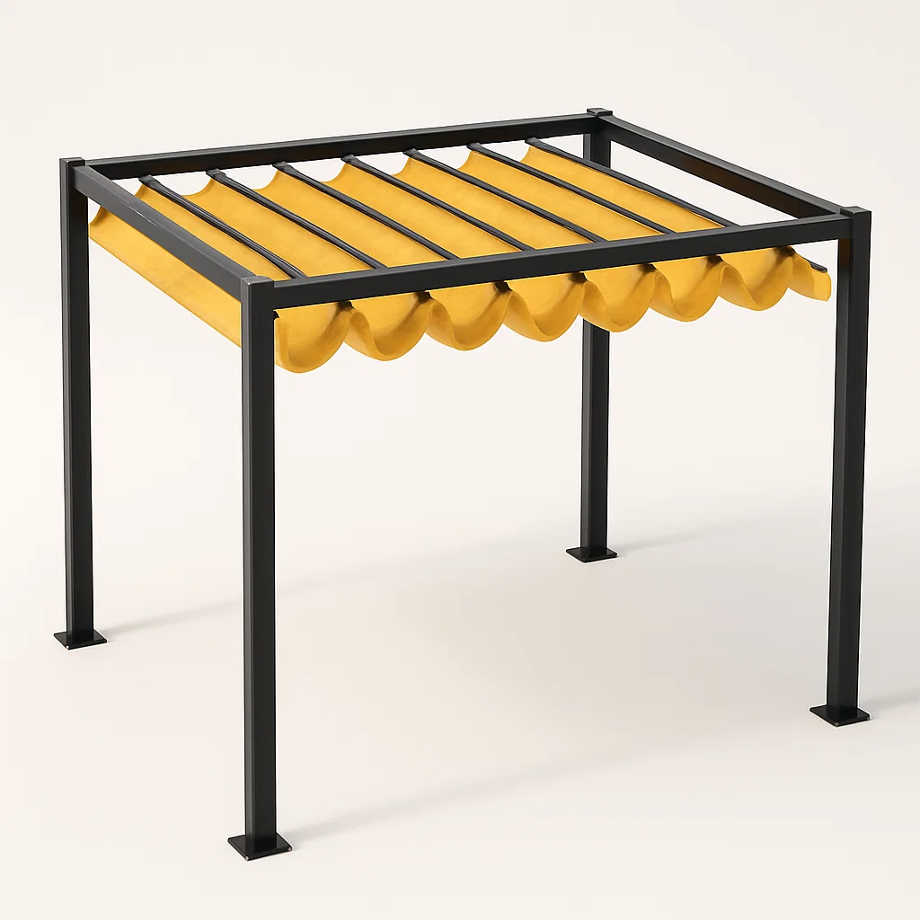 Pérgola metálica para jardín con toldo enrollable - Color negro y amarillo - para exterior - 400 cm largo x 250 cm alto x 380 cm profundo FAznaMw325Pg