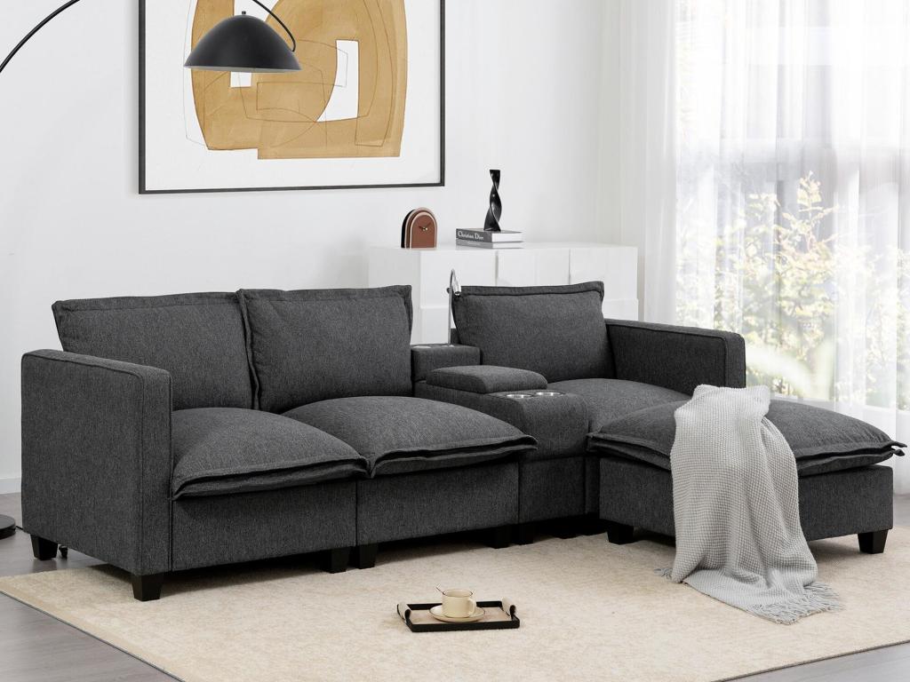 Sofá chenilla de 3 plazas - con usb y luz de lectura - con portavasos y reposapiés - gris