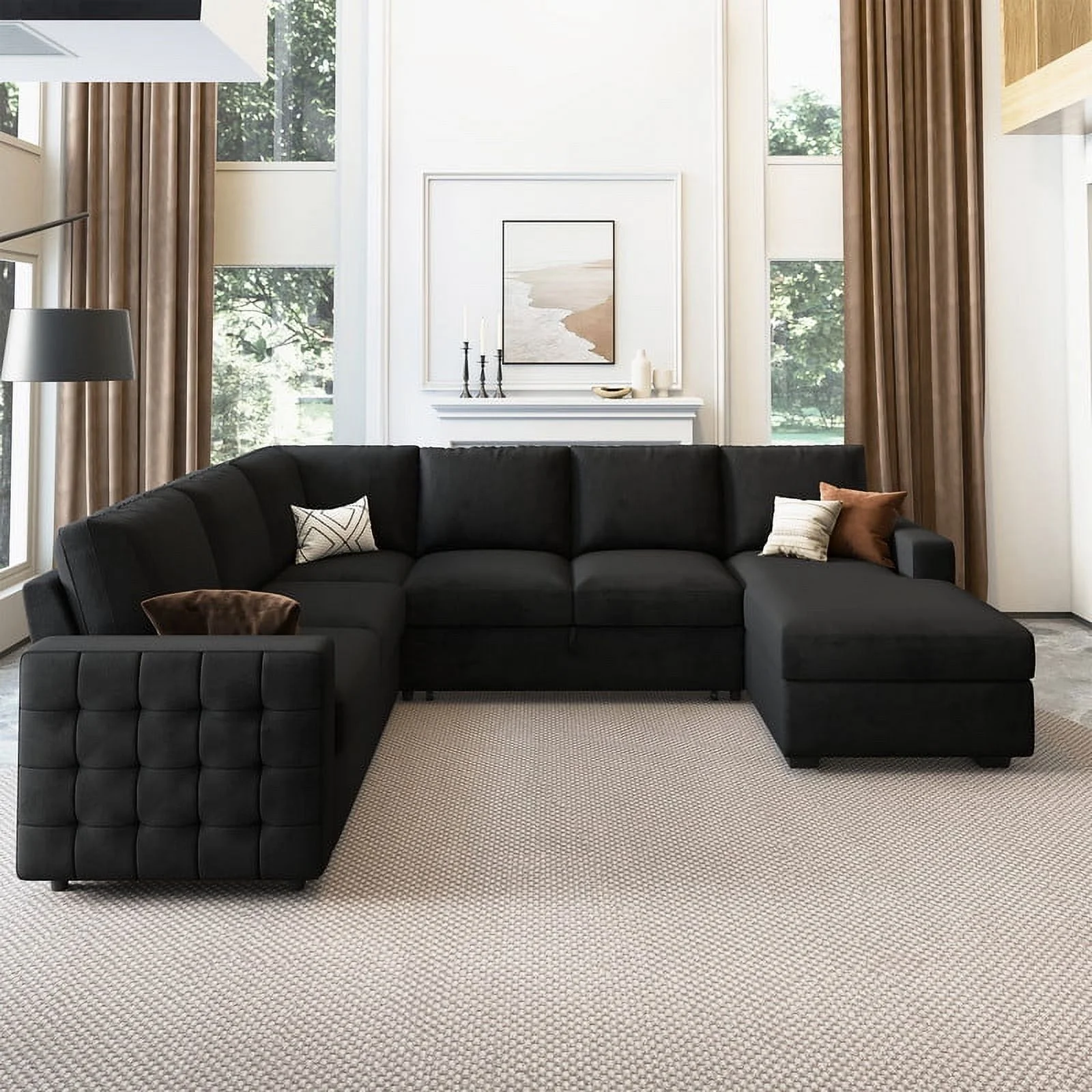 HONBAY Modular Sectional Pull-Out Sofa Bed with Storage Velvet U-Shaped Convertible Sleeper Sofa for Living Room, Blue - Image 22