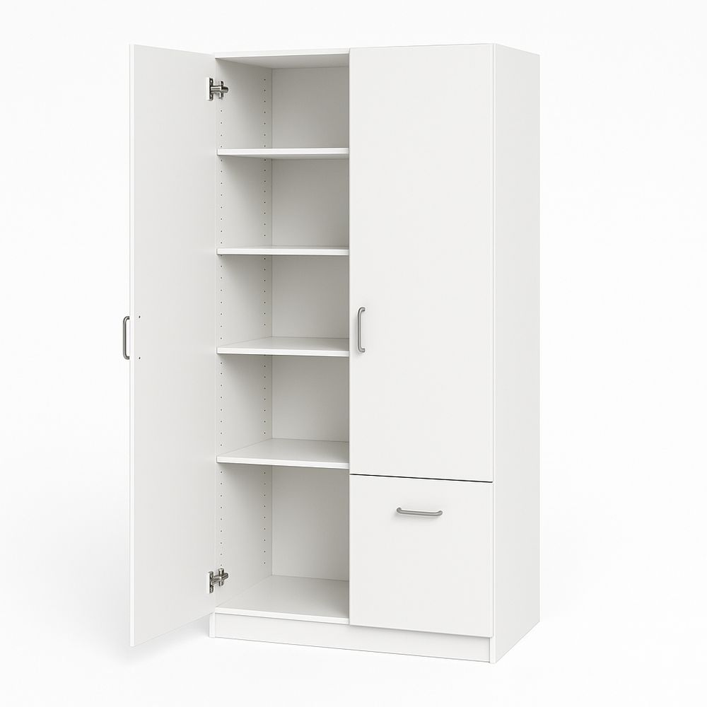 Armario moderno de oficina blanco con estantes ajustables y cajón, almacenamiento versátil, diseño minimalista, estructura de madera aglomerada