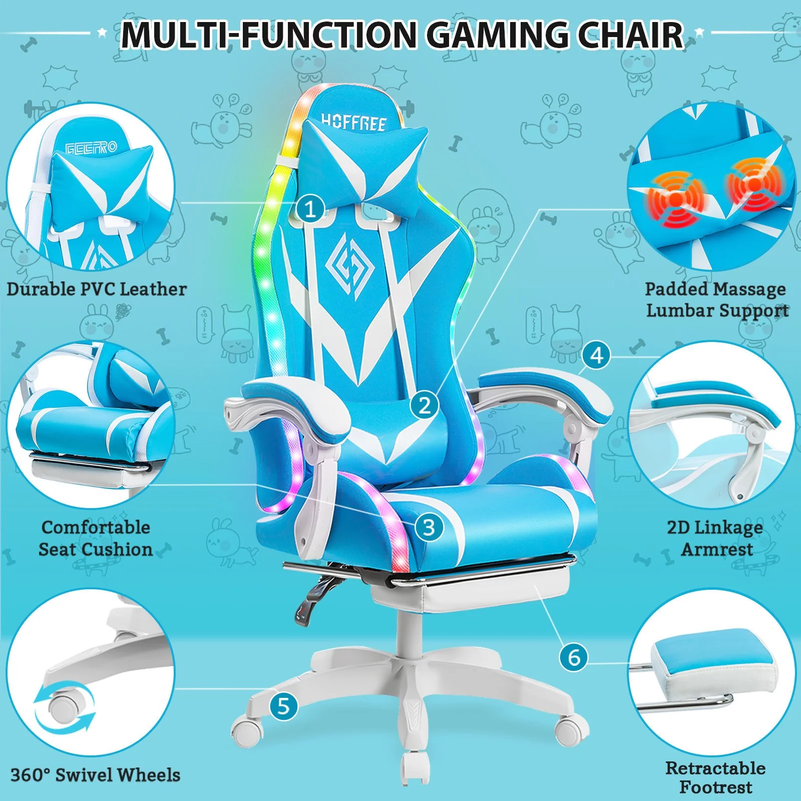 Hoffree Gaming Chair with Speakers PU Leather Office Chair with Footrest and LED Lights Ergonomic Gamer Chair with Massage Lumbar Support and Headrest Adjustable Swivel for Home Office 300lb - Image 26