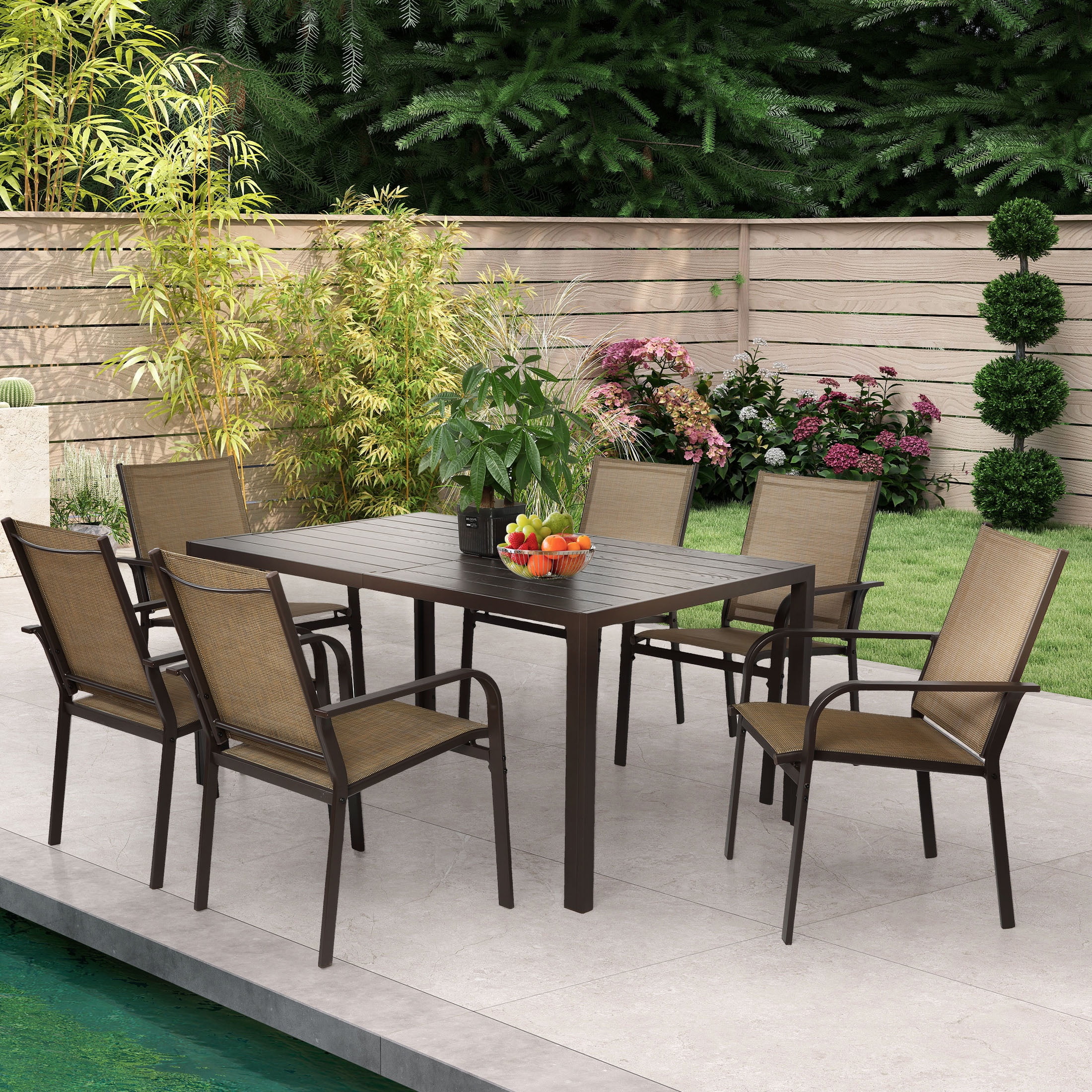 7 Piece Outdoor Dining Set, Patio Dining Table Set for 6 Persons, Garden Patio Textilene Dining Furniture Set with Plastic-Wood Tabletop, Dining Table Chairs Conversation Set for Deck Patio - Image 2