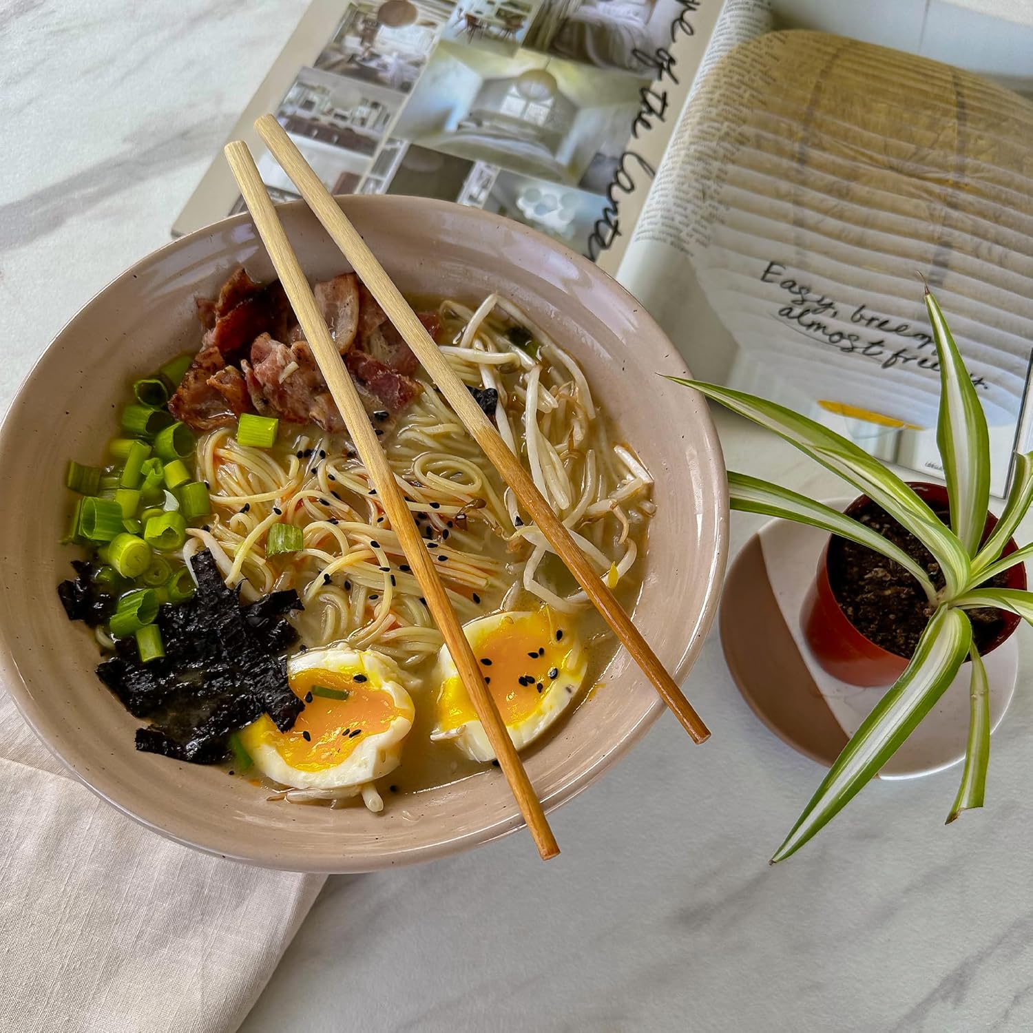 MORA Ceramic Ramen Bowl Set of 2, 45oz - Great for Pho, Miso Udon Soup, Instant Noodles, Serving, Thai or Asian Food - Microwave Safe Large Japanese Noodle Bowls, Modern Kitchen - Assorted Neutrals