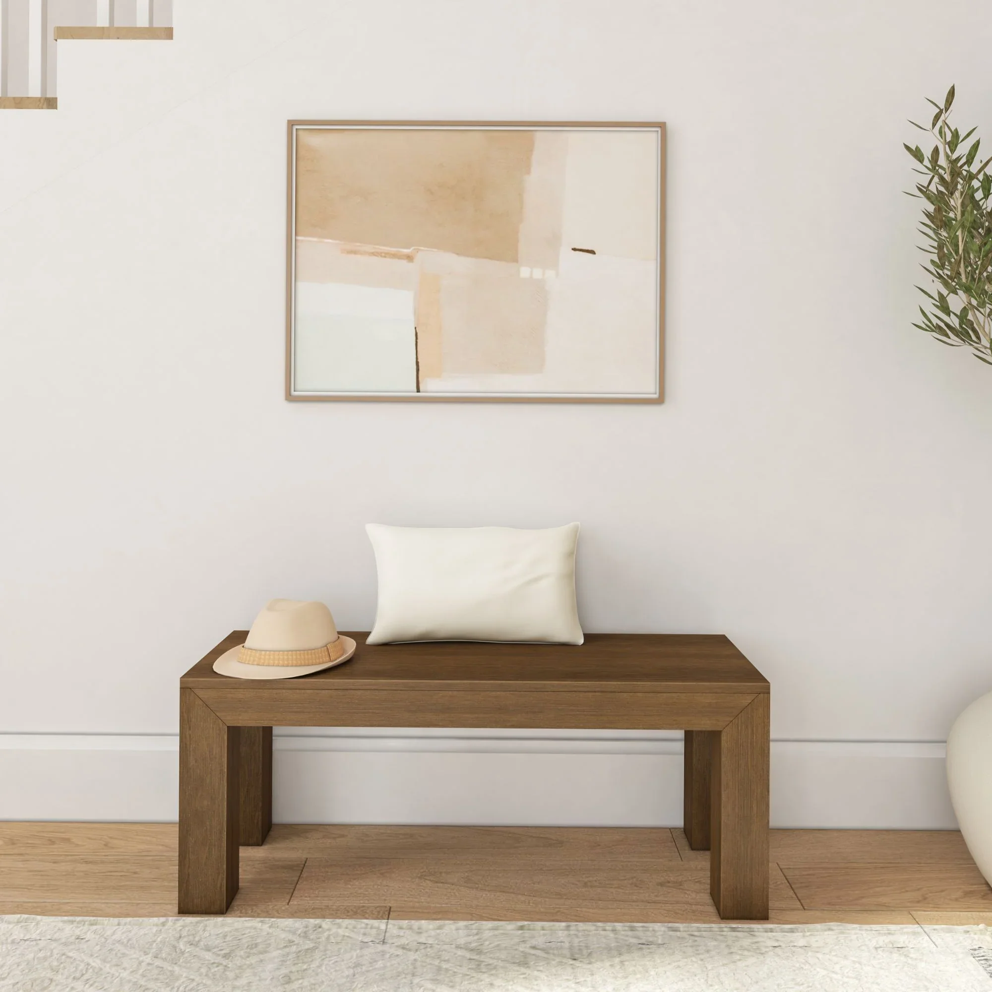 Plank+Beam Modern Dining Bench, Solid Wood Bench for Dining Table, 49", Blonde Wirebrush