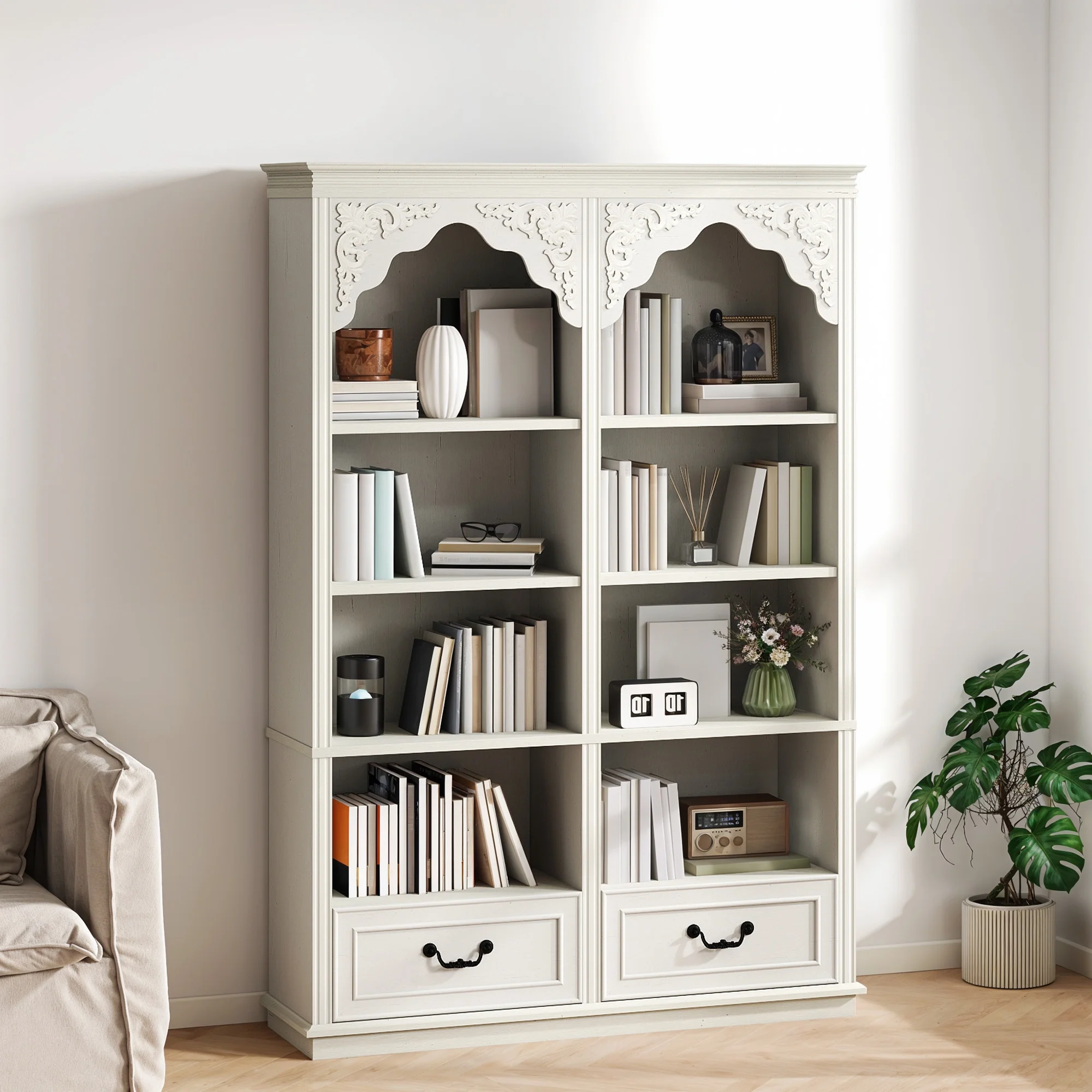 ModFusion 70" Distressed White Bookshelf with Adjustable Shelves and Two Drawers - Image 2