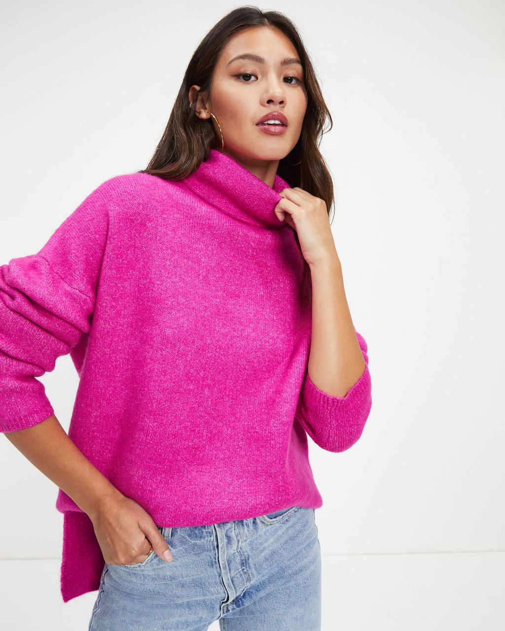 Betsy Cowl Neck Knit Pullover Sweater - Magenta - Se7enfashion