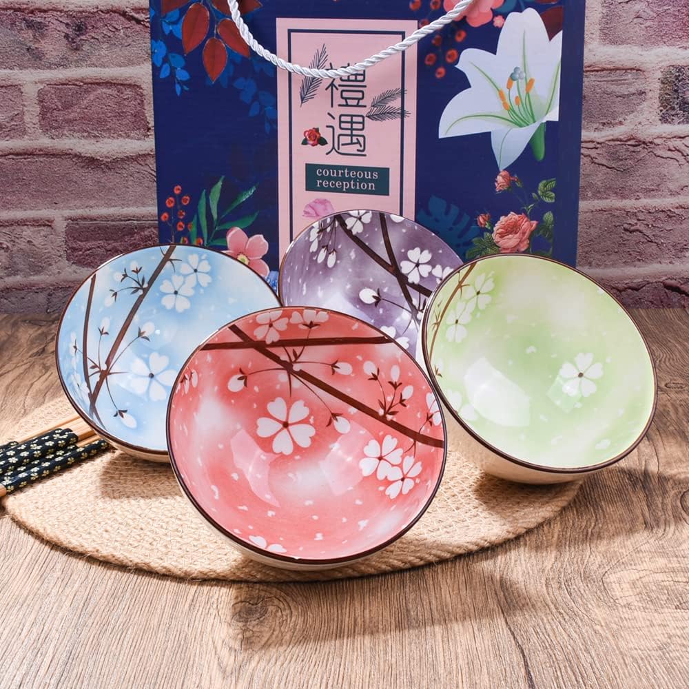 4-Piece Ceramic Rice Bowl Set with Chopsticks – 4.5