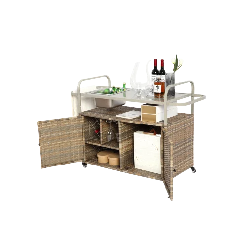 Yiweny Outdoor Rolling Wicker Bar Cart, Large Portable Outdoor Wicker Bar Table with Cabinet Storage and Glass Countertop, Patio Wicker Serving Bar Cart for Pool, Party, Backyard, Black - Image 16