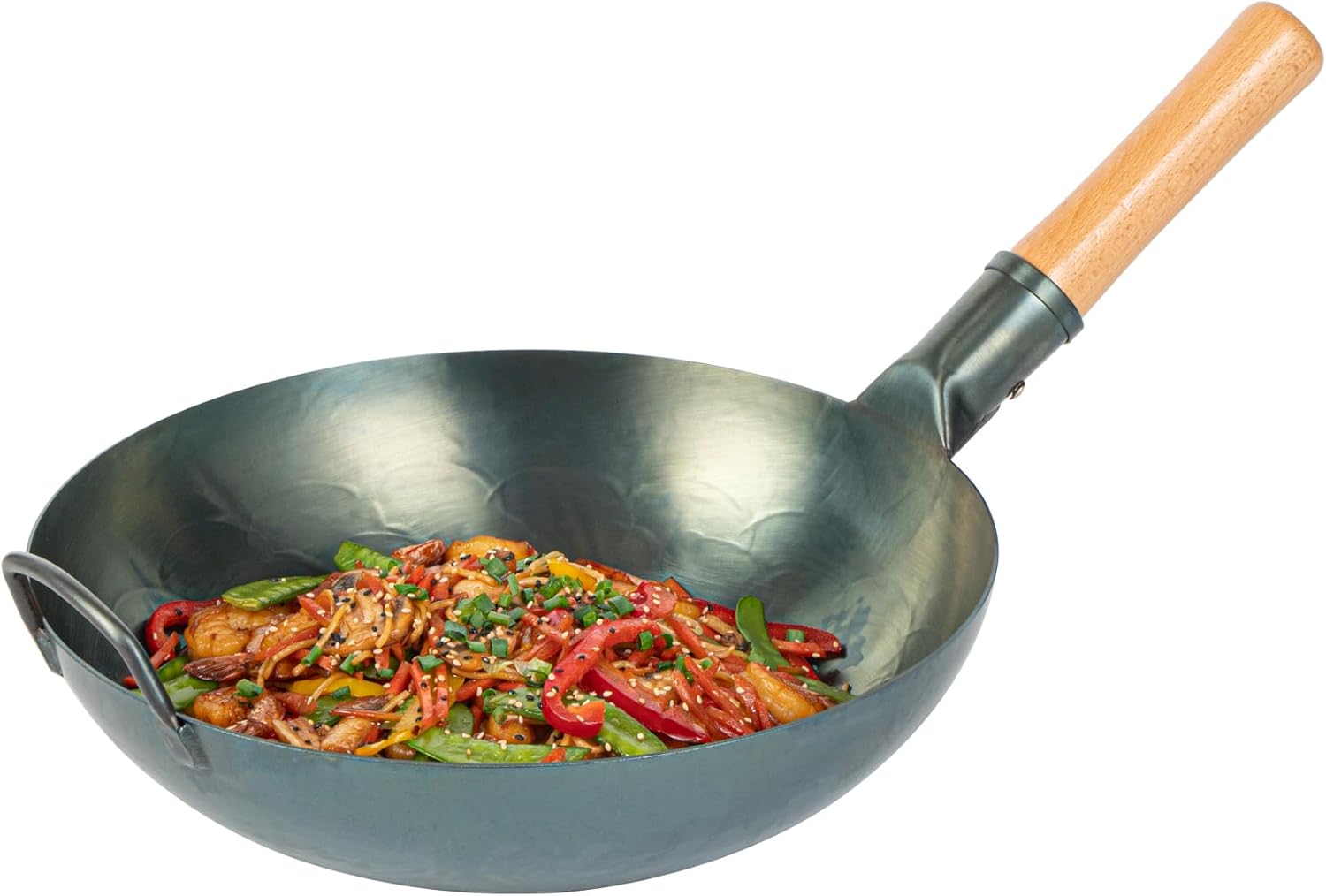 Restaurantware Carbon Steel Wok 1 Pack of 12 Inch Heavy-Duty Stir Fry Pan Blue Hand Hammered Wok Efficient Maneuvering Steel Helper Handle Uniform Heat Distribution Asian Cooking