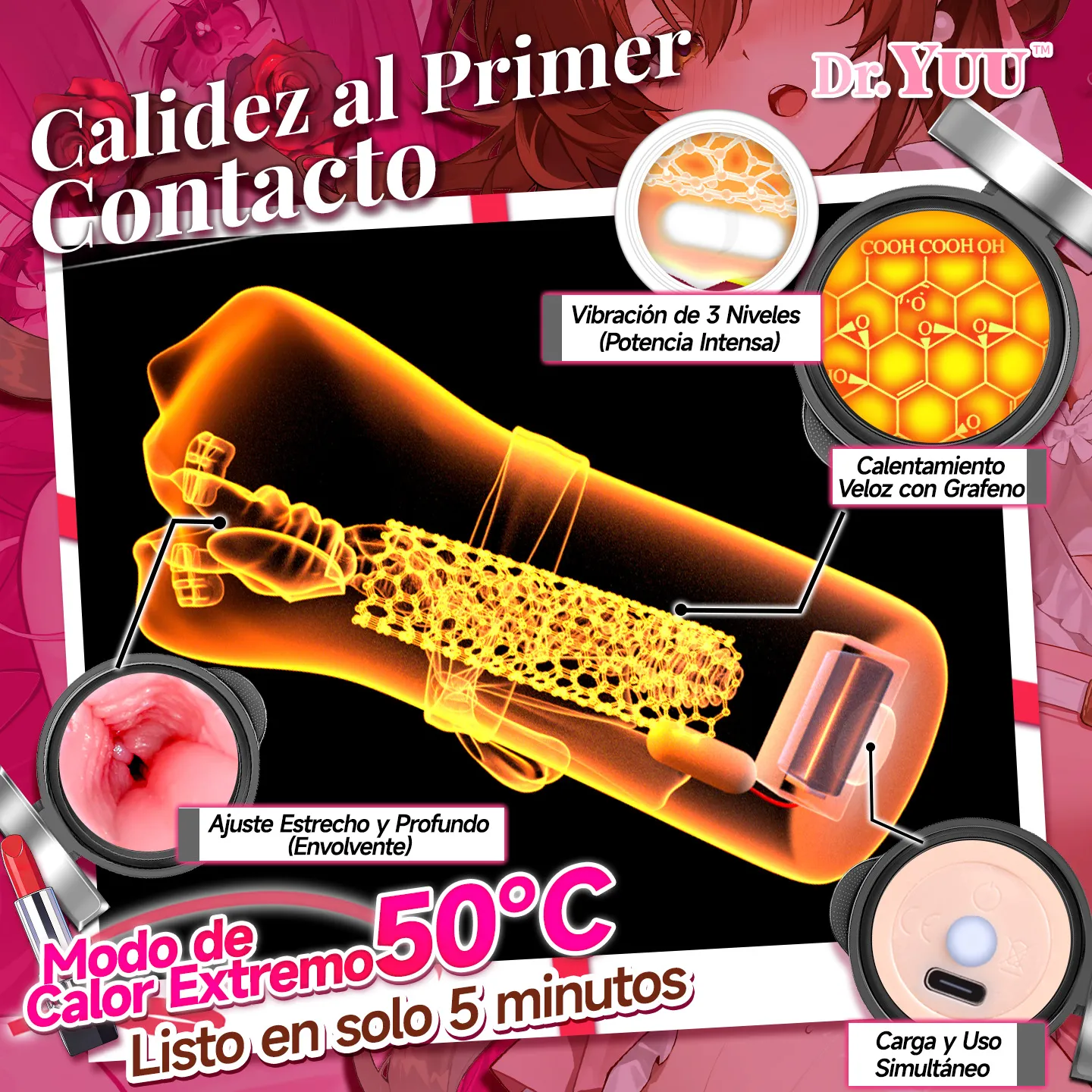 Masturbador con calor de grafeno a 50°C y 3 niveles de vibración rítmica de Dr.YUU