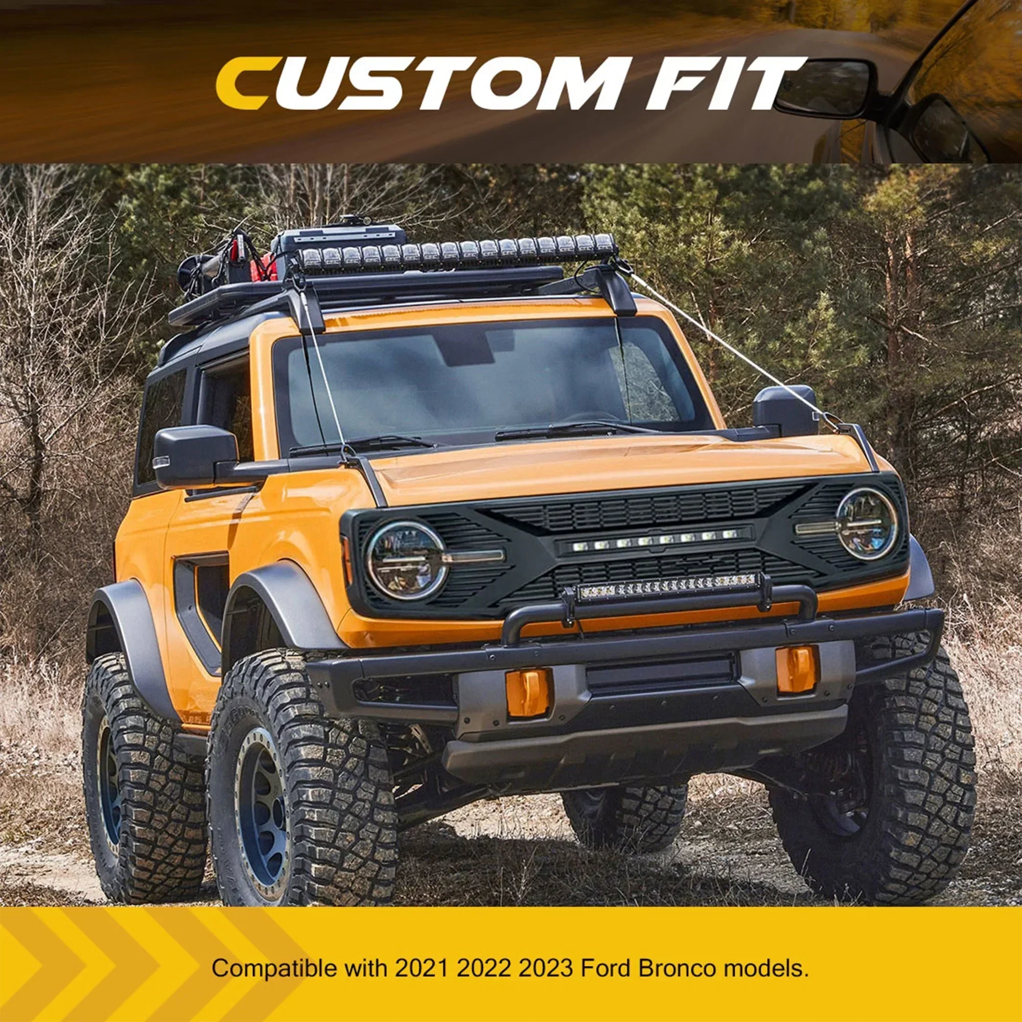 AMERICAN MODIFIED Tomahawk Grille With Lights for 2021-2024 Ford Bronco Without Front Camera - Matte Black - Image 2 AMERICAN MODIFIED Tomahawk Grille With Lights for 2021-2024 Ford Bronco Without Front Camera - Matte Black - Image 2
