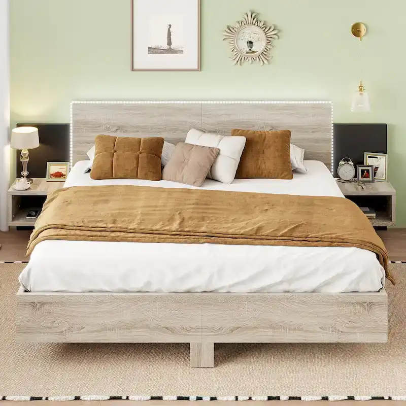 Modern King Size Wooden Floating Bed Frame with Nightstand and LED - Slatted Support Design