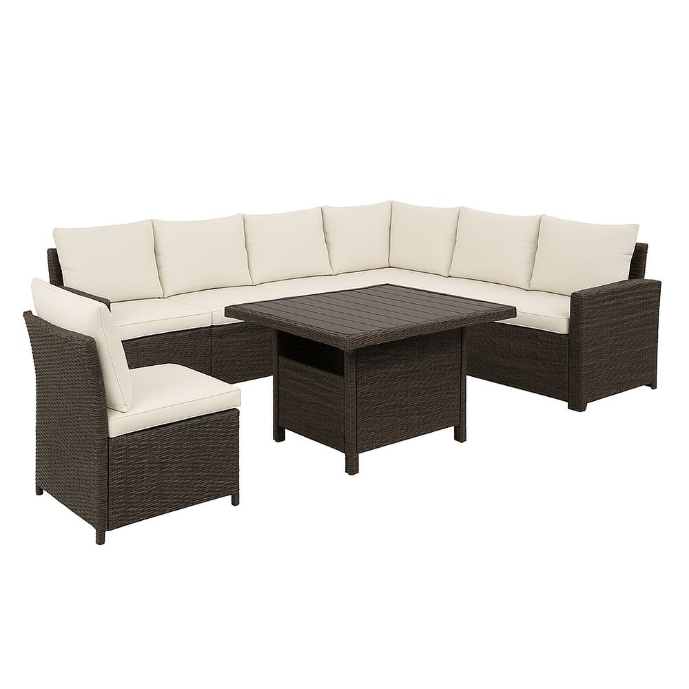 Sofá de esquina modular de ratán sintético con mesa de café,acolchado en beige,ideal para exterior